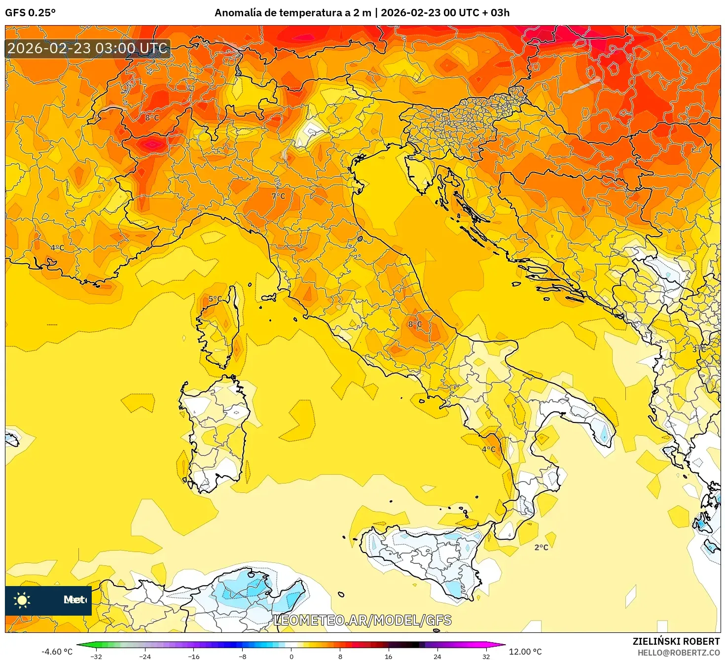 GFS model - Włochy, Anomalia temperatury na 2 m