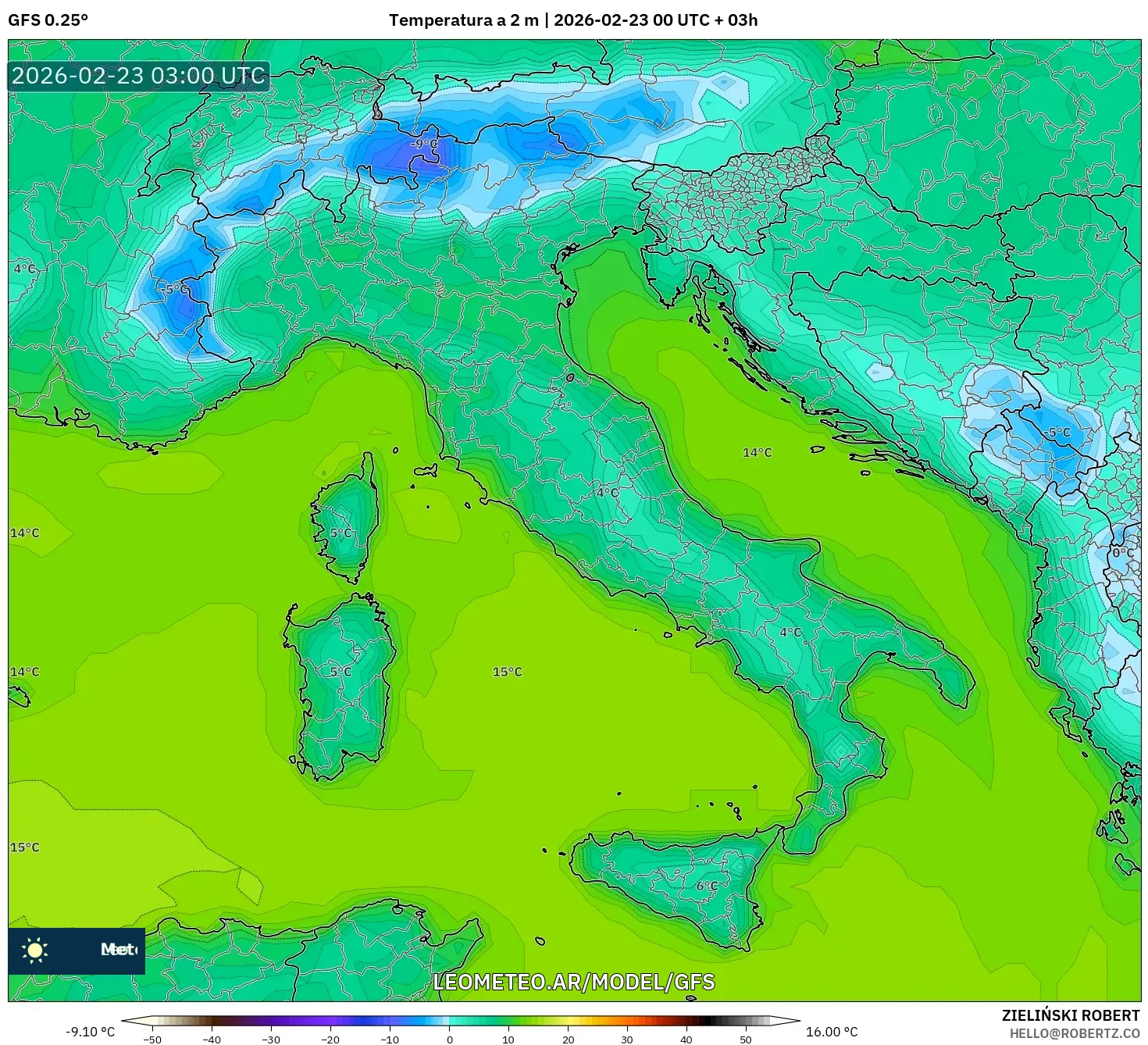 GFS model - Włochy, Temperatura na 2 m