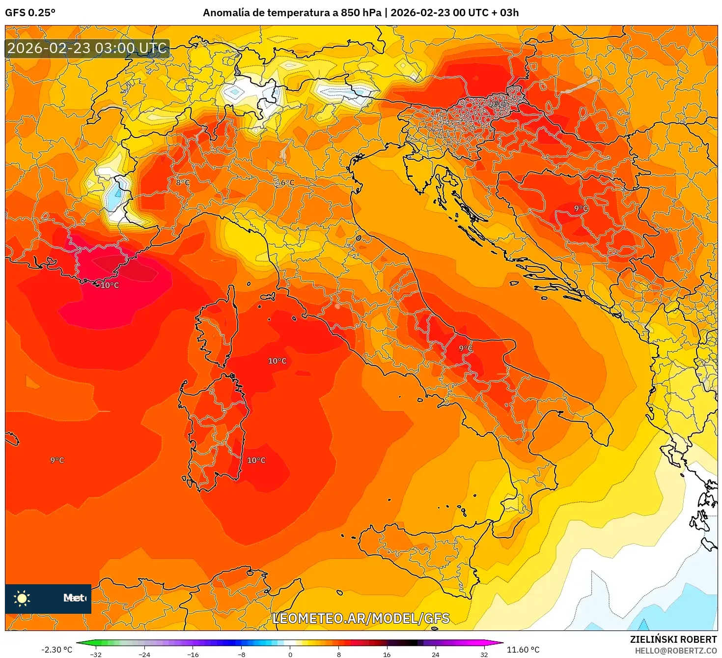 GFS model - Włochy, Anomalia temperatury na 850 hPa