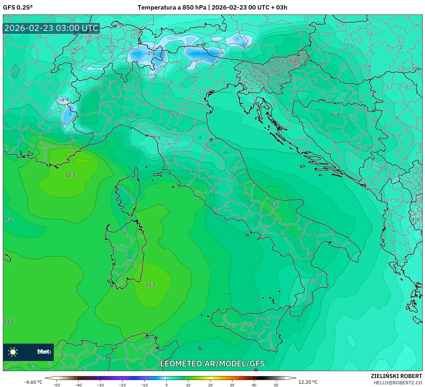 GFS model - Włochy, Temperatura na 850 hPa