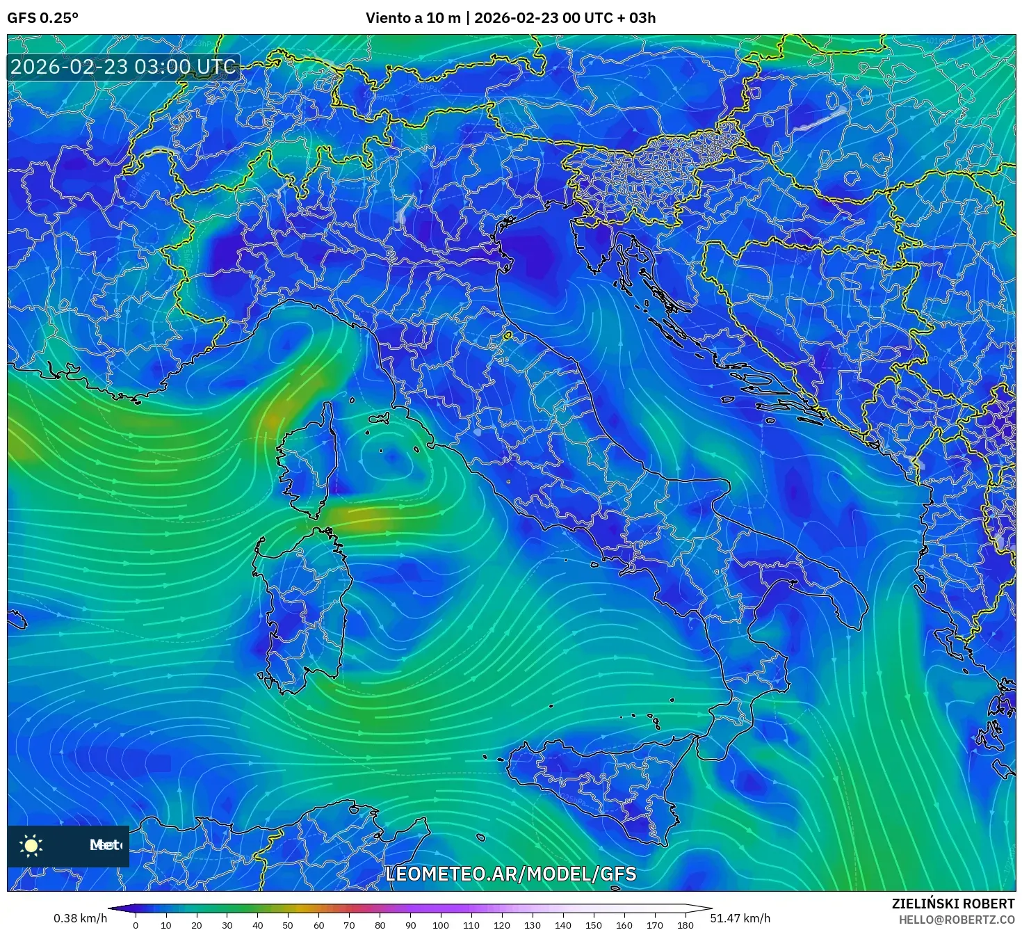 GFS model - Włochy, Wiatr na 10 m