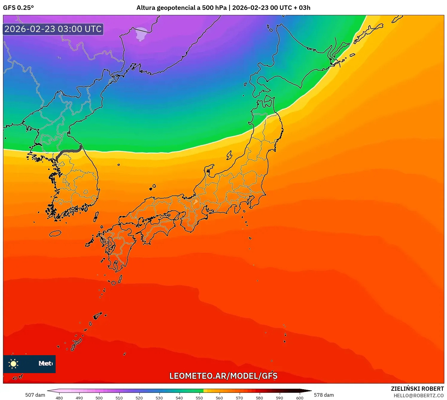 GFS model - Japonia, Wysokość geopotencjalna na poziomie 500 hPa