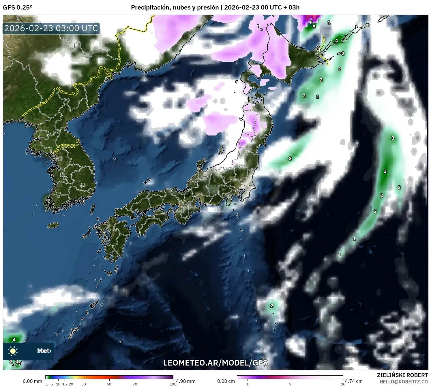GFS model - Japonia, Opady, chmury i ciśnienie