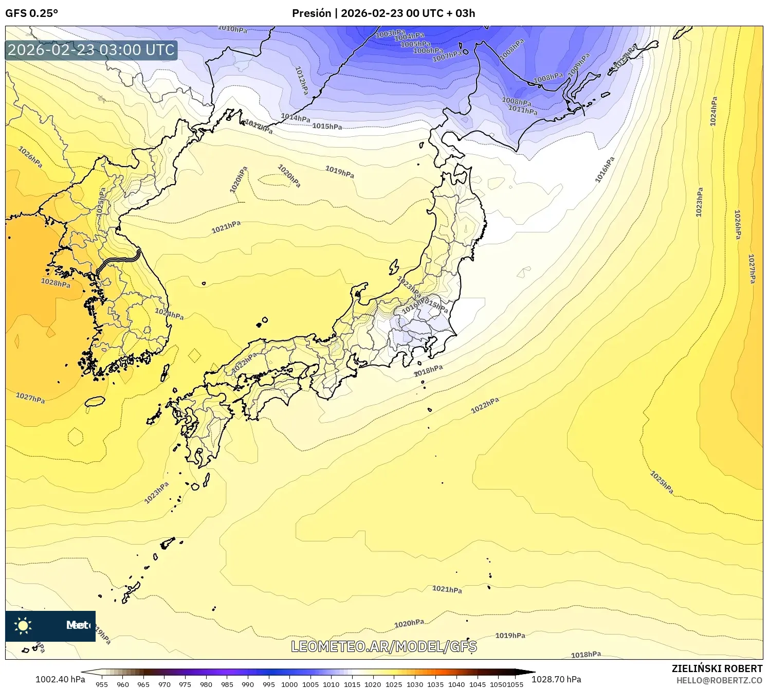 GFS model - Japonia, Ciśnienie