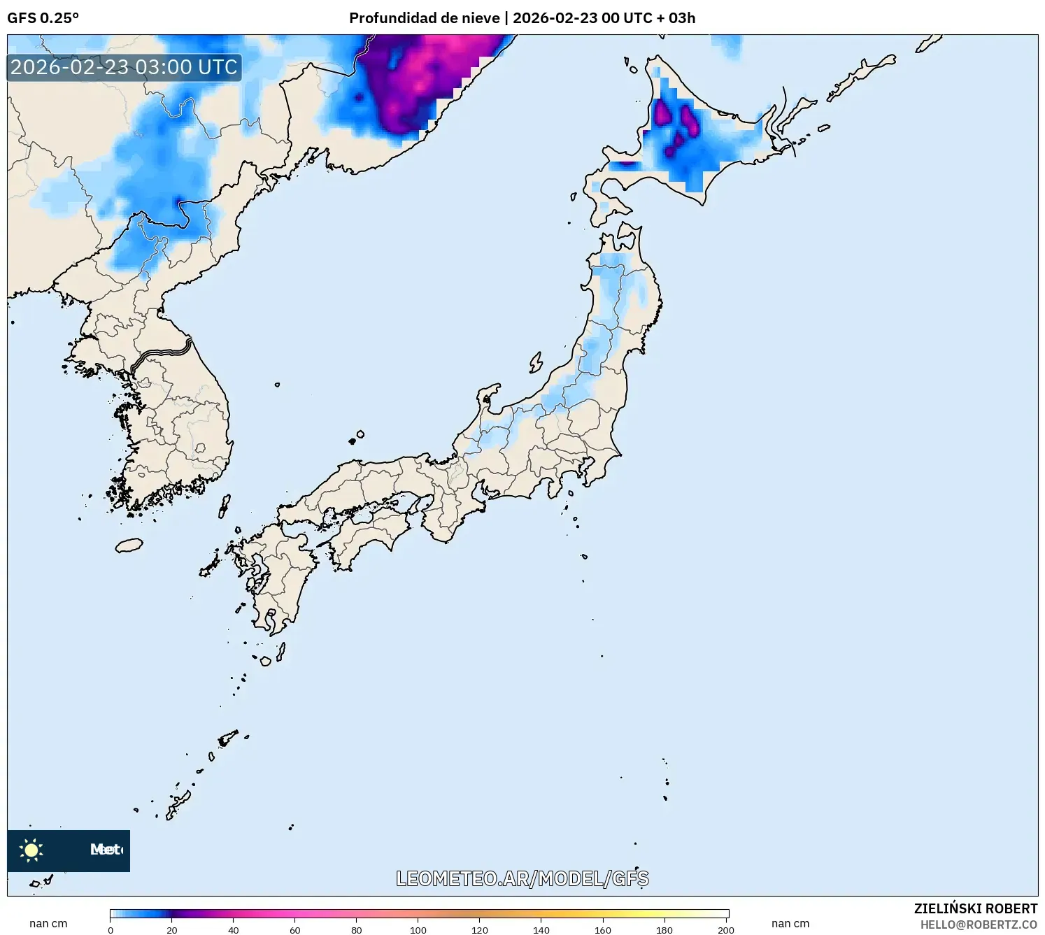 GFS model - Japonia, Pokrywa śnieżna
