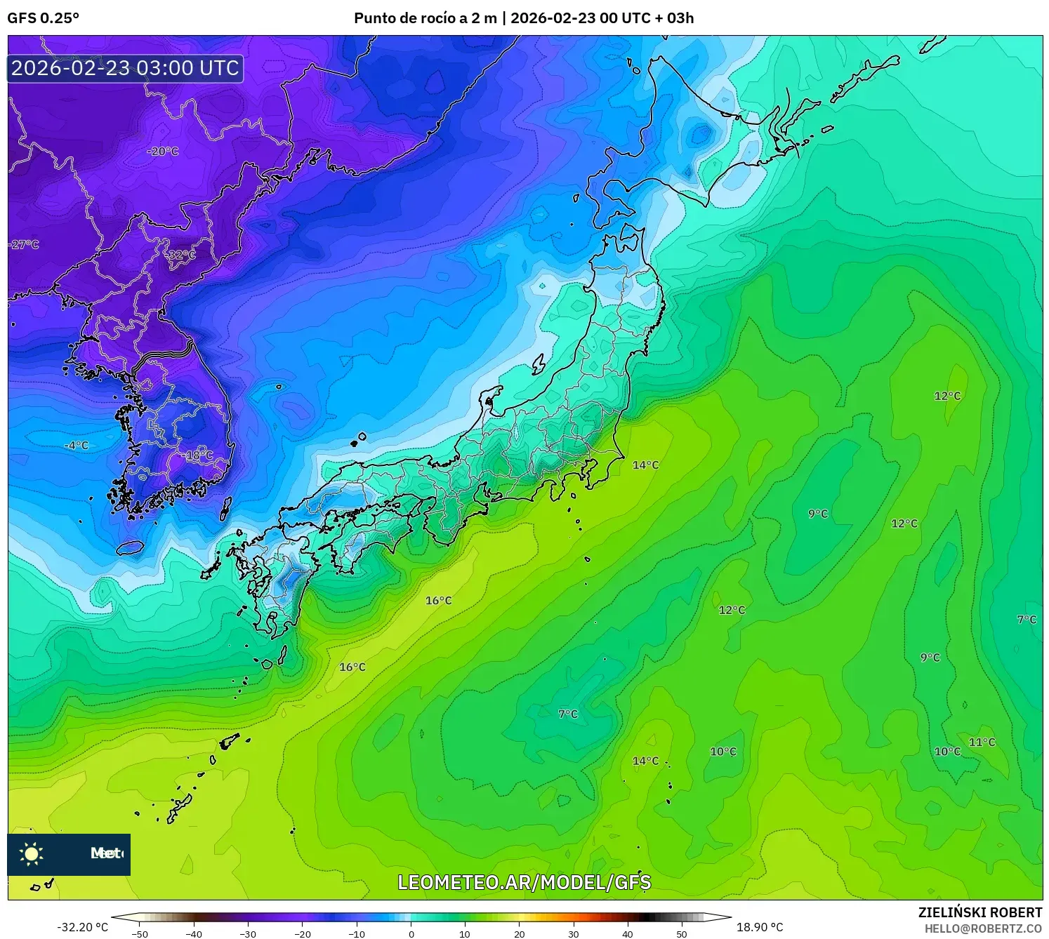 GFS model - Japonia, Punkt rosy na 2 m