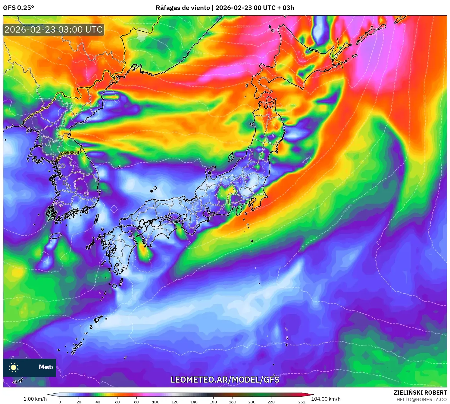 GFS model - Japonia, Porywy wiatru