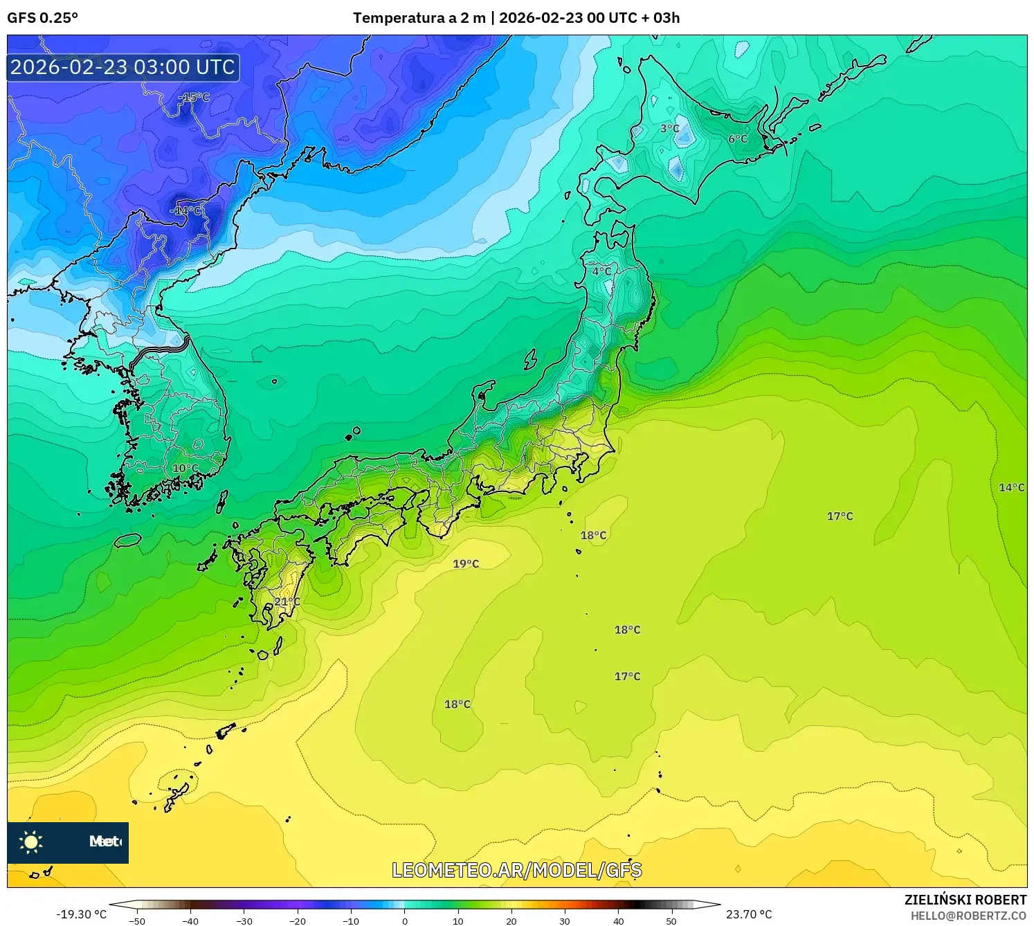 GFS model - Japonia, Temperatura na 2 m