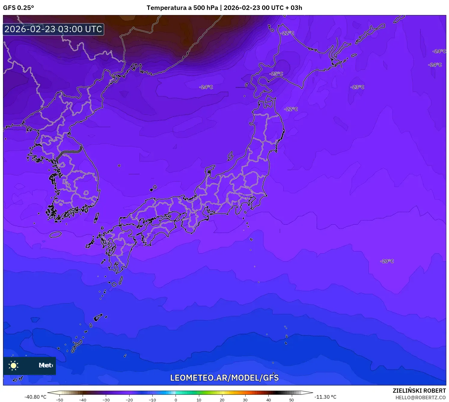 GFS model - Japonia, Temperatura na 500 hPa