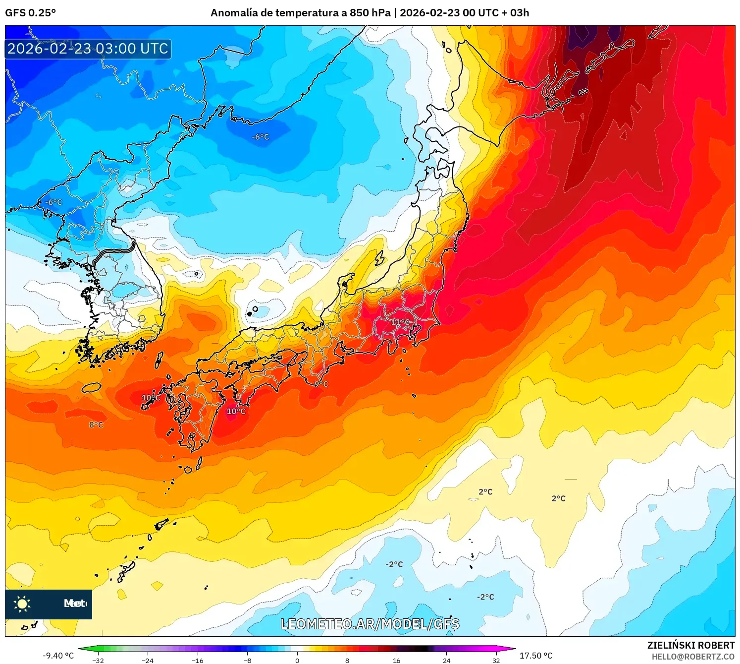 GFS model - Japonia, Anomalia temperatury na 850 hPa
