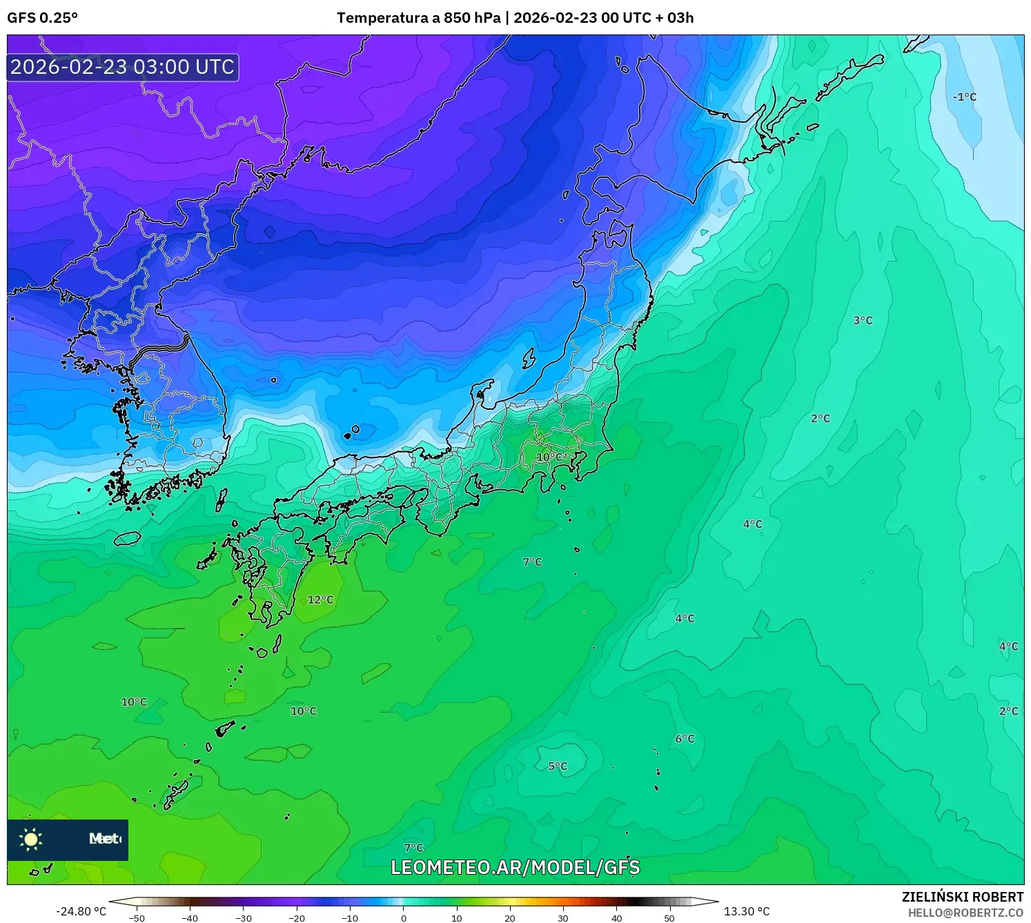 GFS model - Japonia, Temperatura na 850 hPa