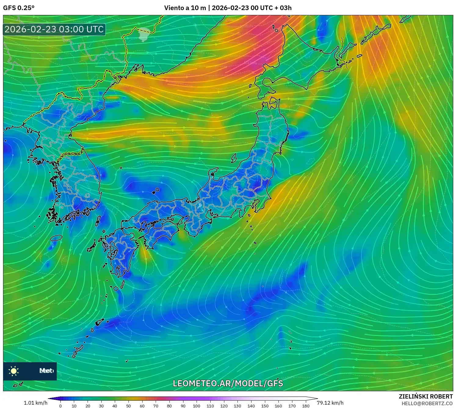 GFS model - Japonia, Wiatr na 10 m