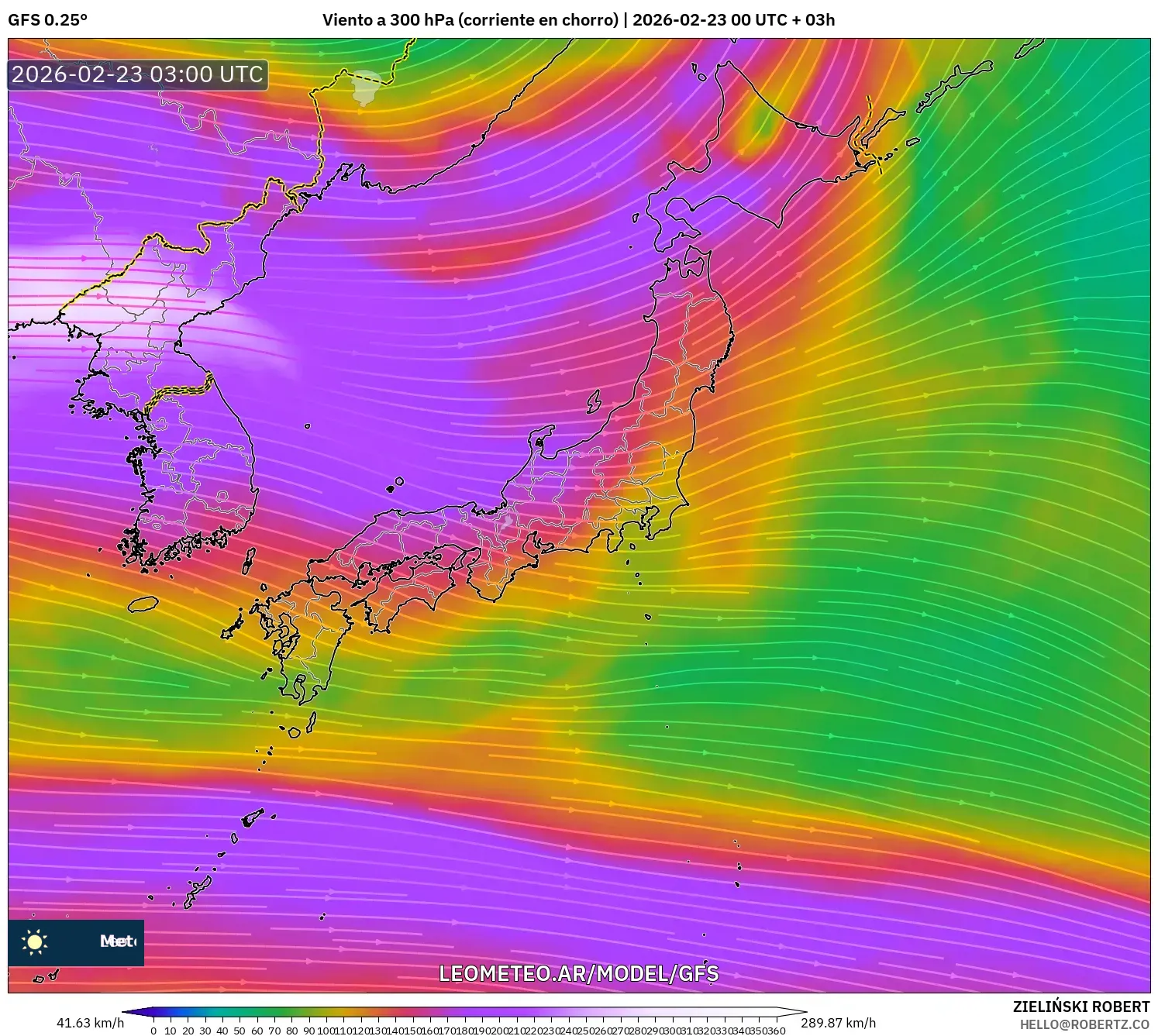 GFS model - Japonia, Wiatr na 300 hPa (prąd strumieniowy)