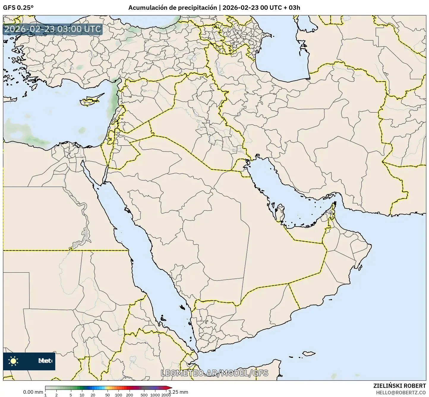 GFS model - Bliski Wschód, Suma opadów
