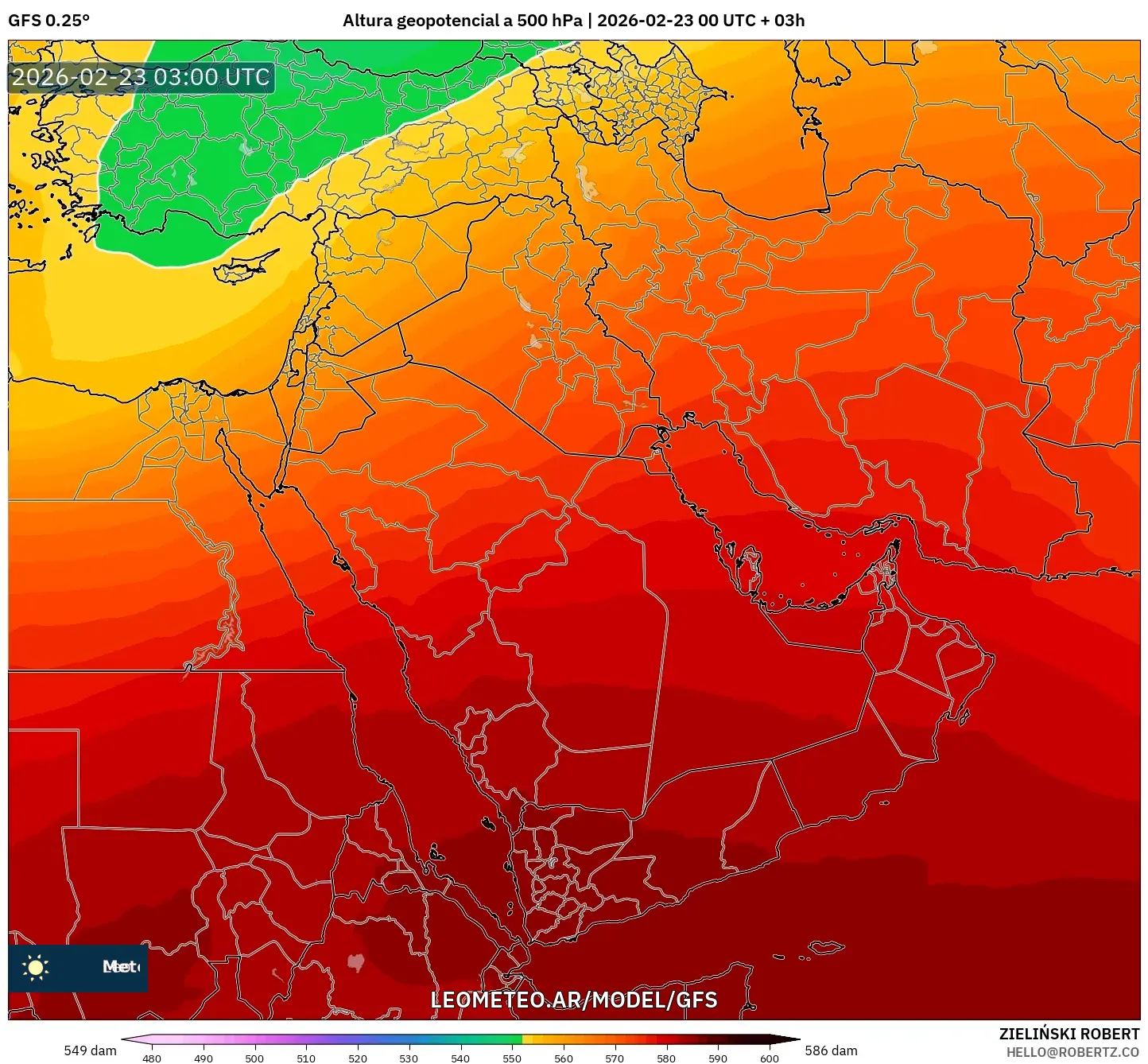 GFS model - Bliski Wschód, Wysokość geopotencjalna na poziomie 500 hPa
