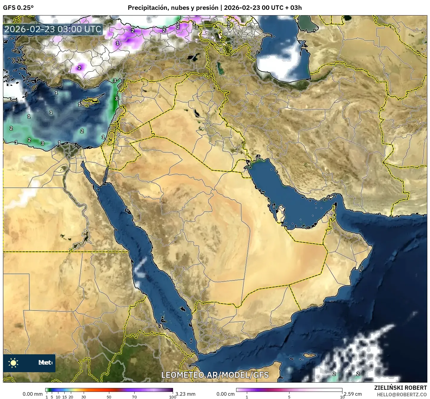 GFS model - Bliski Wschód, Opady, chmury i ciśnienie