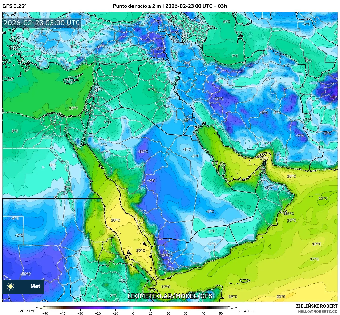 GFS model - Bliski Wschód, Punkt rosy na 2 m