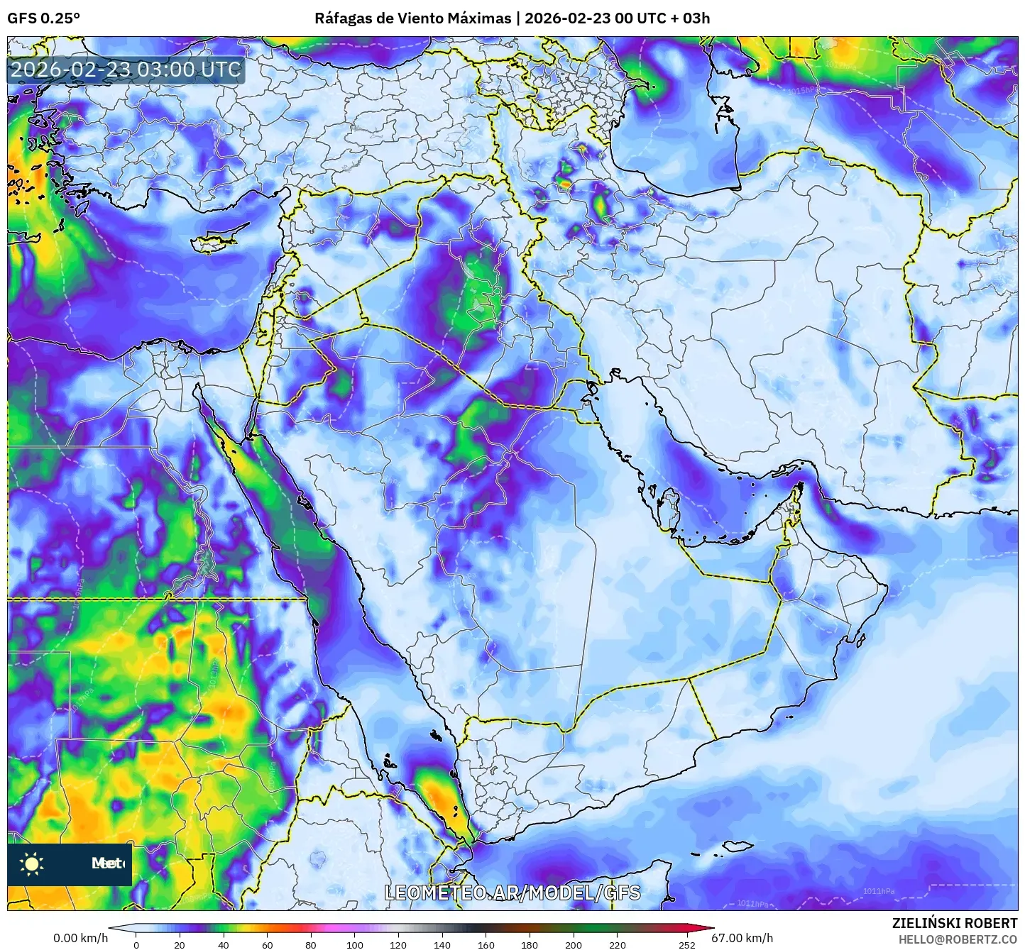GFS model - Bliski Wschód, Maksymalne Porywy Wiatru