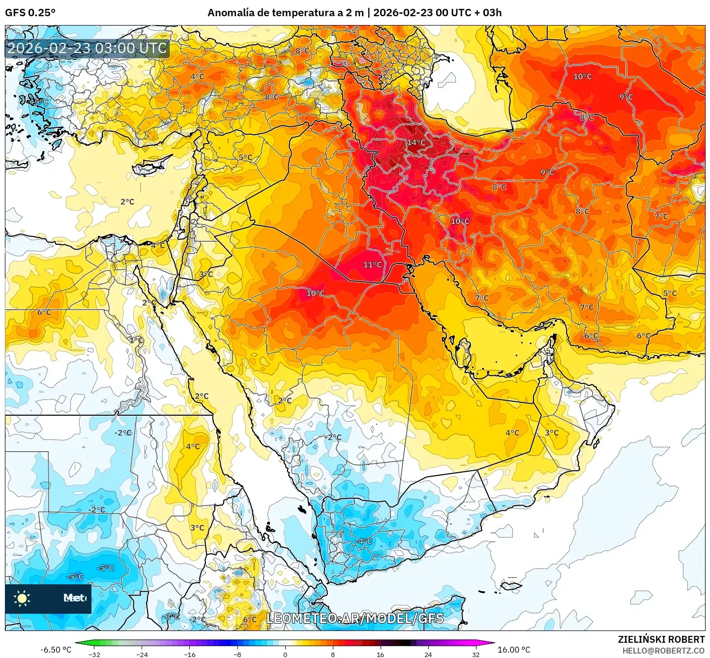 GFS model - Bliski Wschód, Anomalia temperatury na 2 m