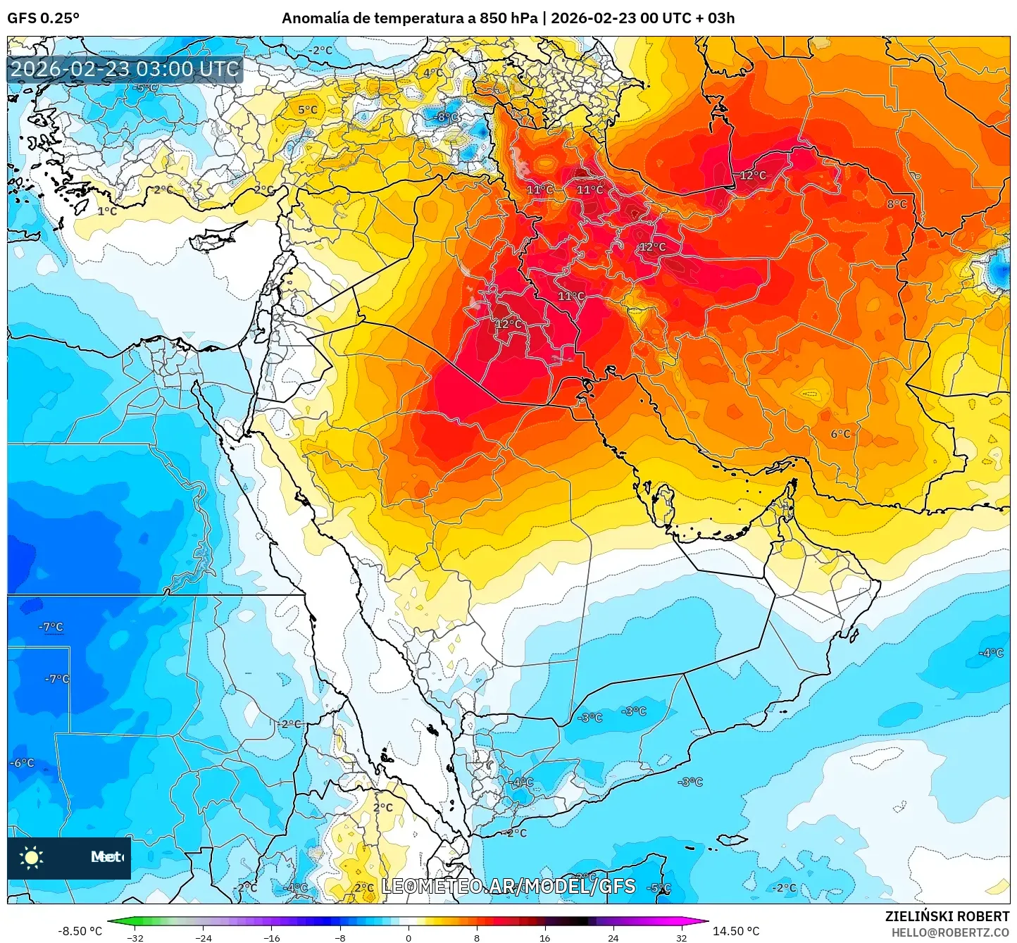 GFS model - Bliski Wschód, Anomalia temperatury na 850 hPa