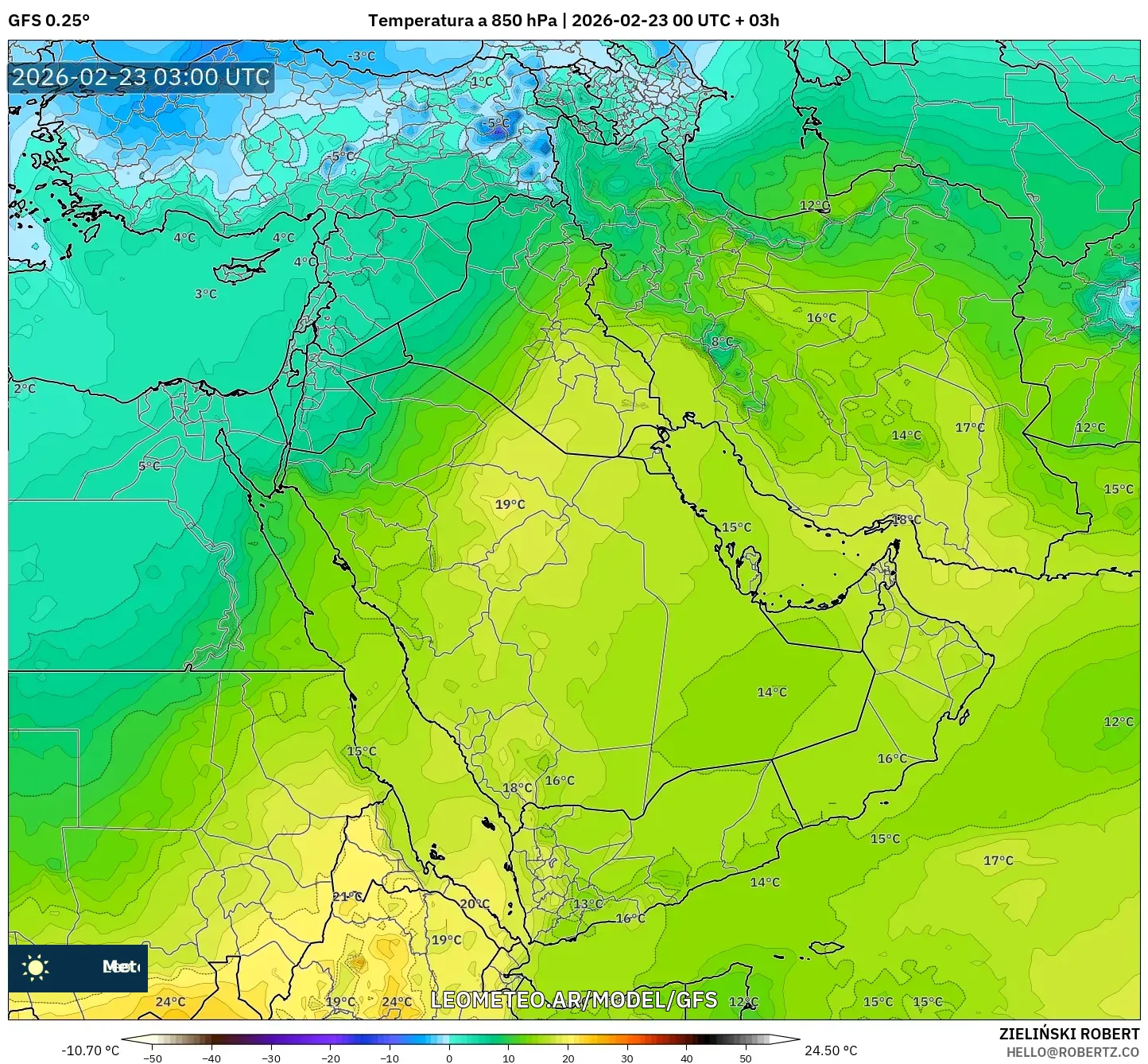 GFS model - Bliski Wschód, Temperatura na 850 hPa