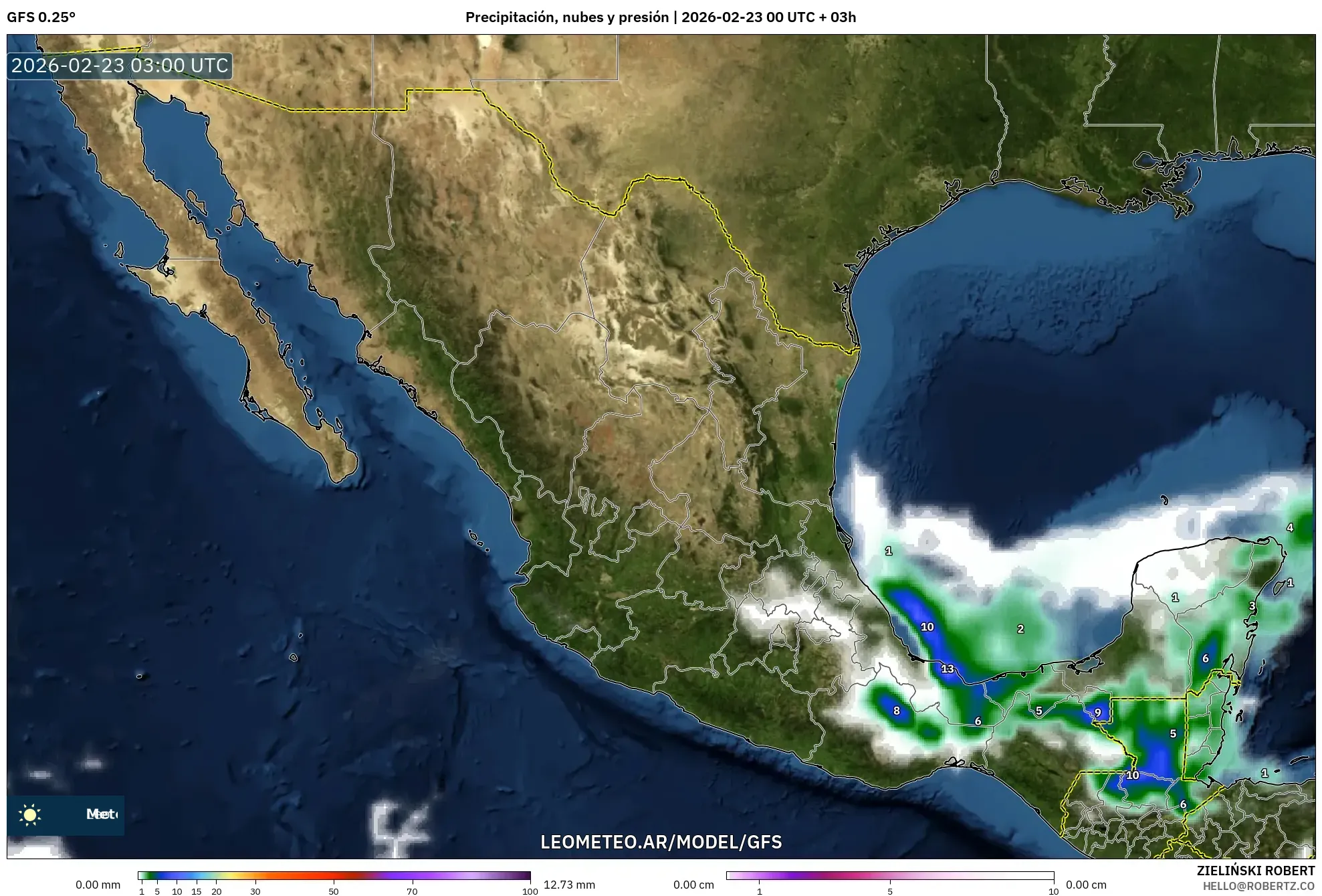 GFS model - Meksyk, Opady, chmury i ciśnienie