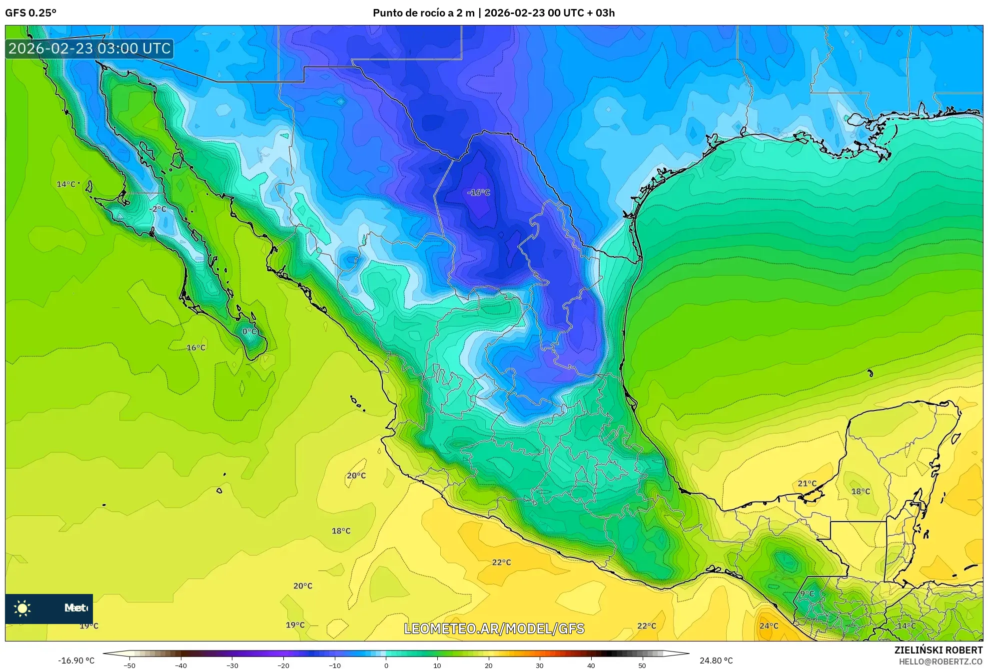 GFS model - Meksyk, Punkt rosy na 2 m