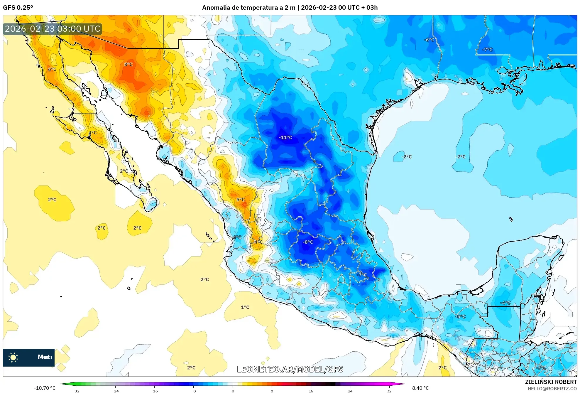 GFS model - Meksyk, Anomalia temperatury na 2 m