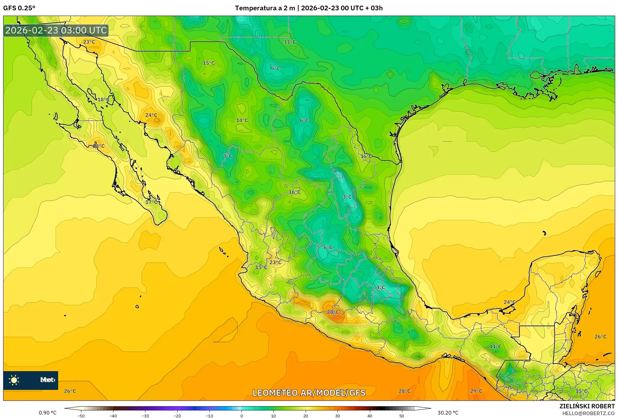 GFS model - Meksyk, Temperatura na 2 m