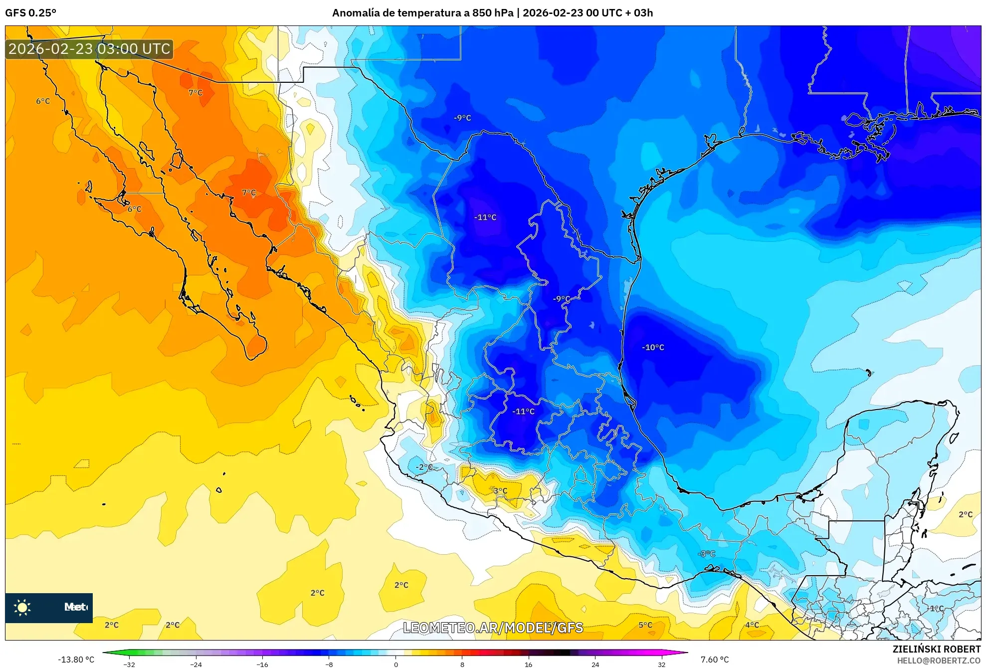 GFS model - Meksyk, Anomalia temperatury na 850 hPa