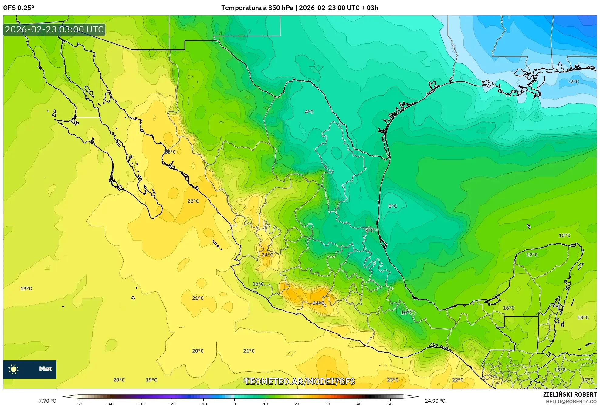 GFS model - Meksyk, Temperatura na 850 hPa