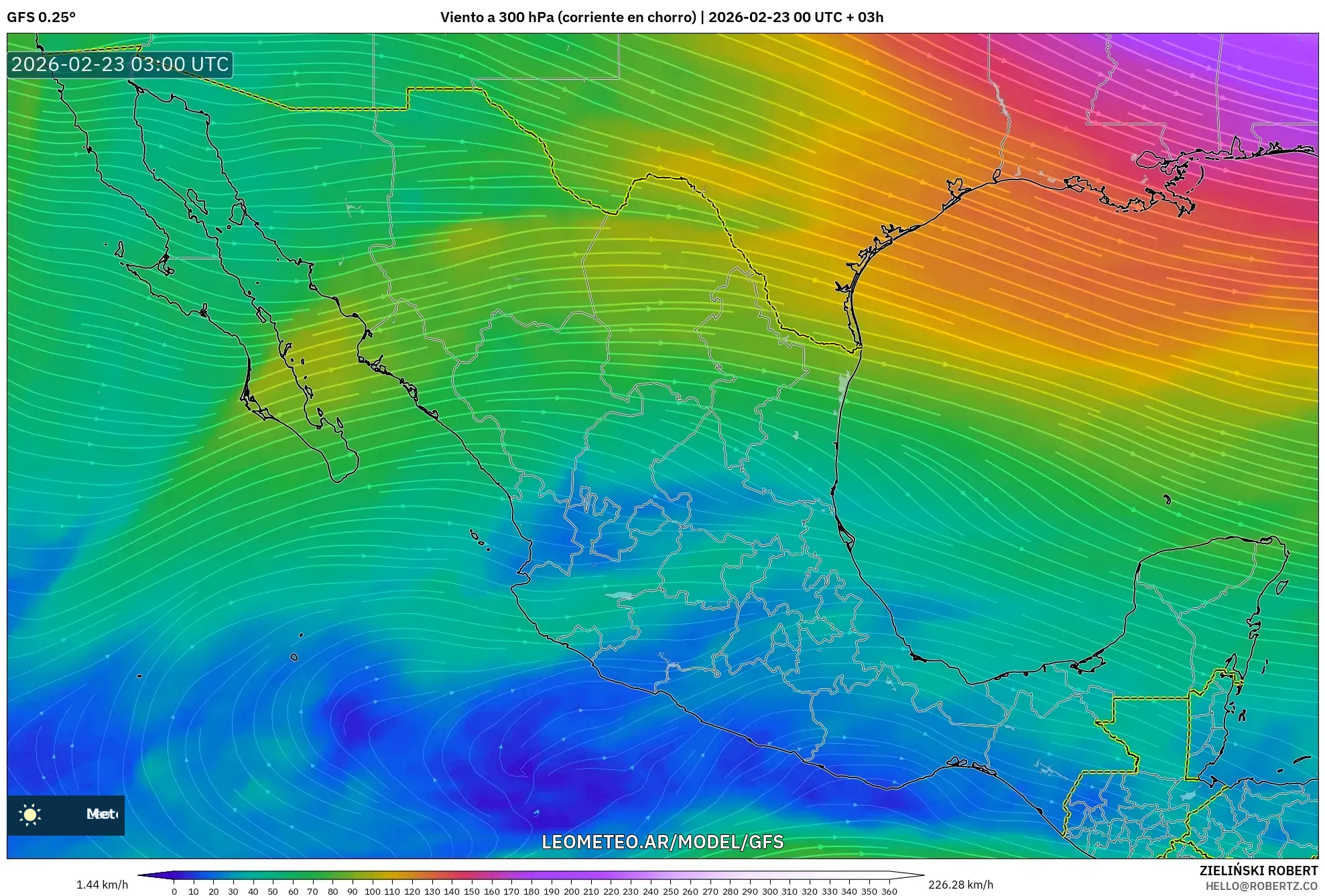 GFS model - Meksyk, Wiatr na 300 hPa (prąd strumieniowy)