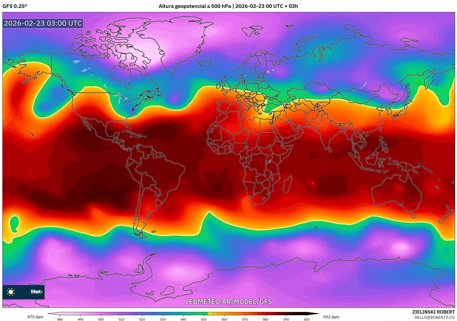 GFS model - Świat, Wysokość geopotencjalna na poziomie 500 hPa