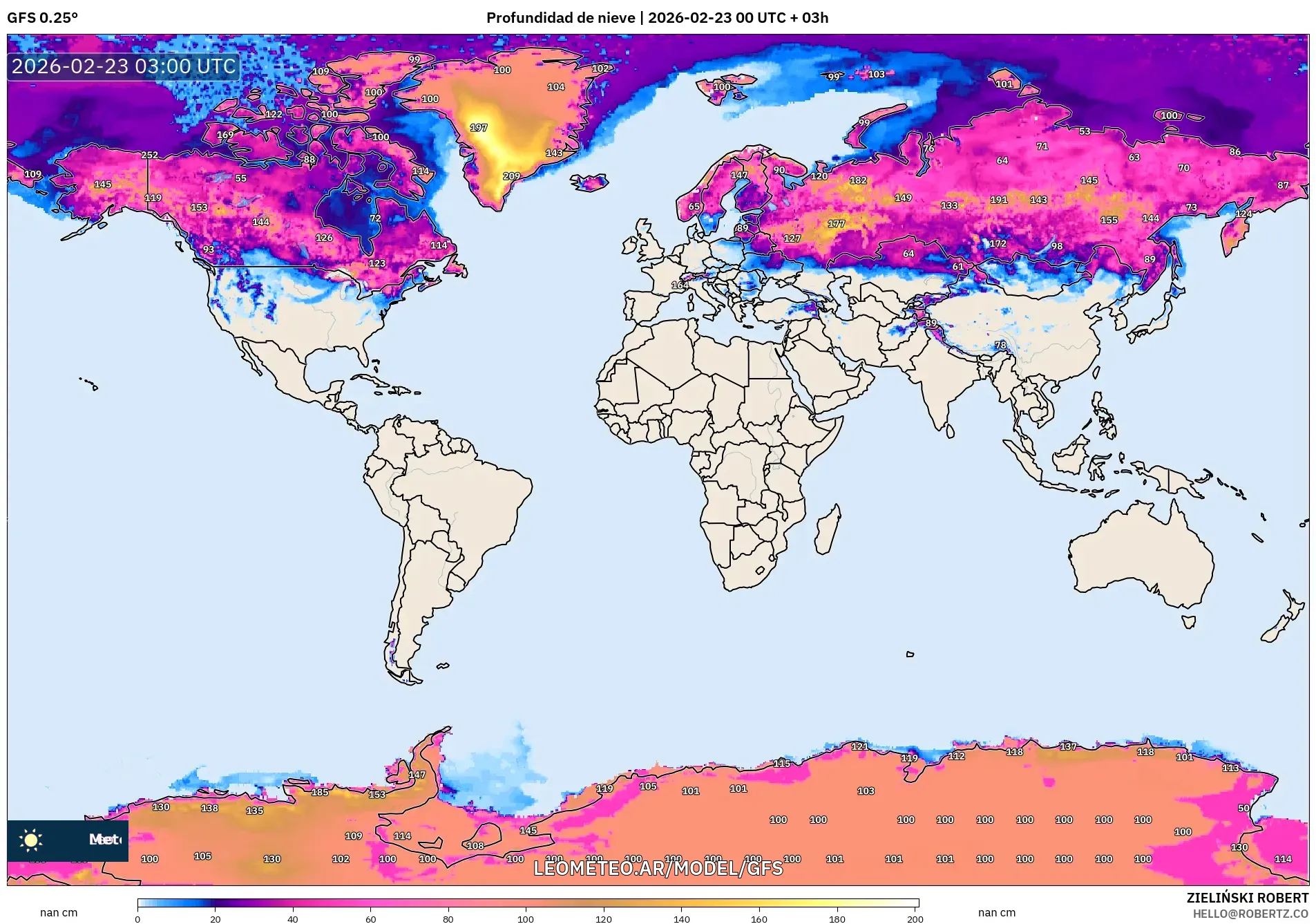 GFS model - Świat, Pokrywa śnieżna