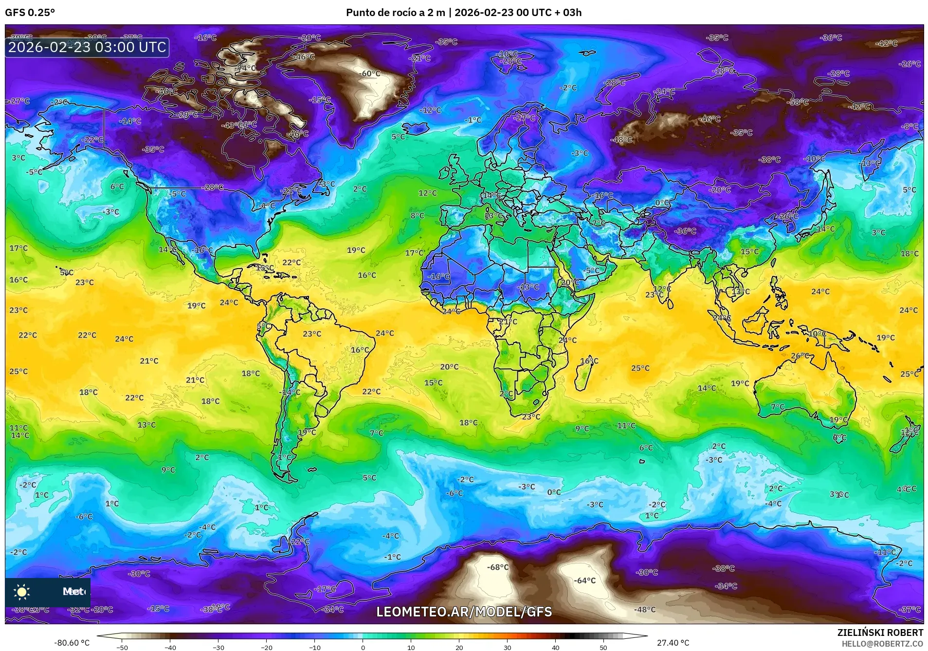 GFS model - Świat, Punkt rosy na 2 m