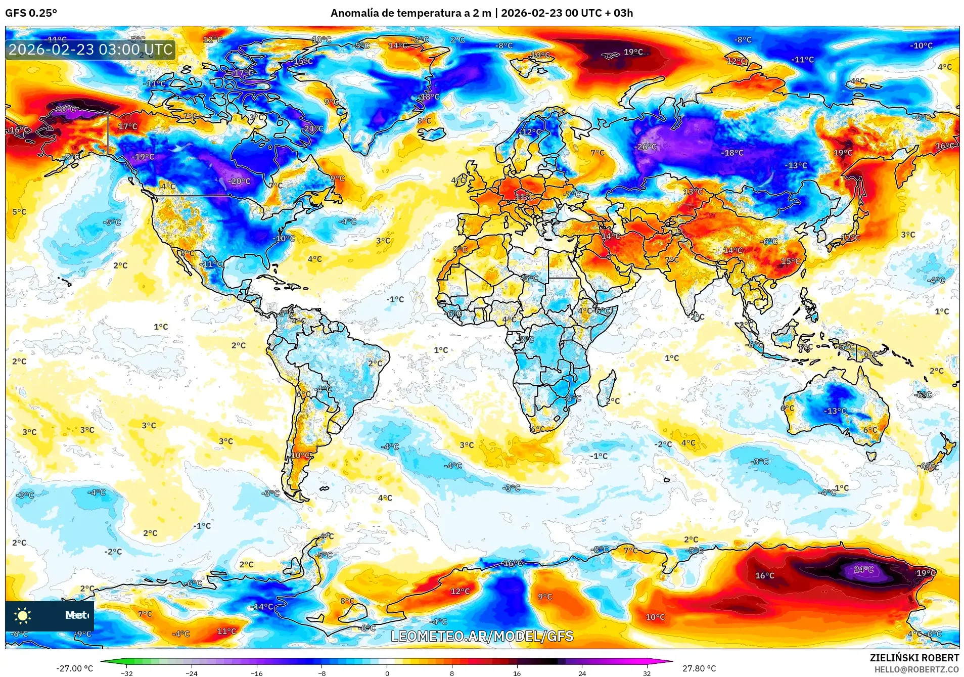 GFS model - Świat, Anomalia temperatury na 2 m