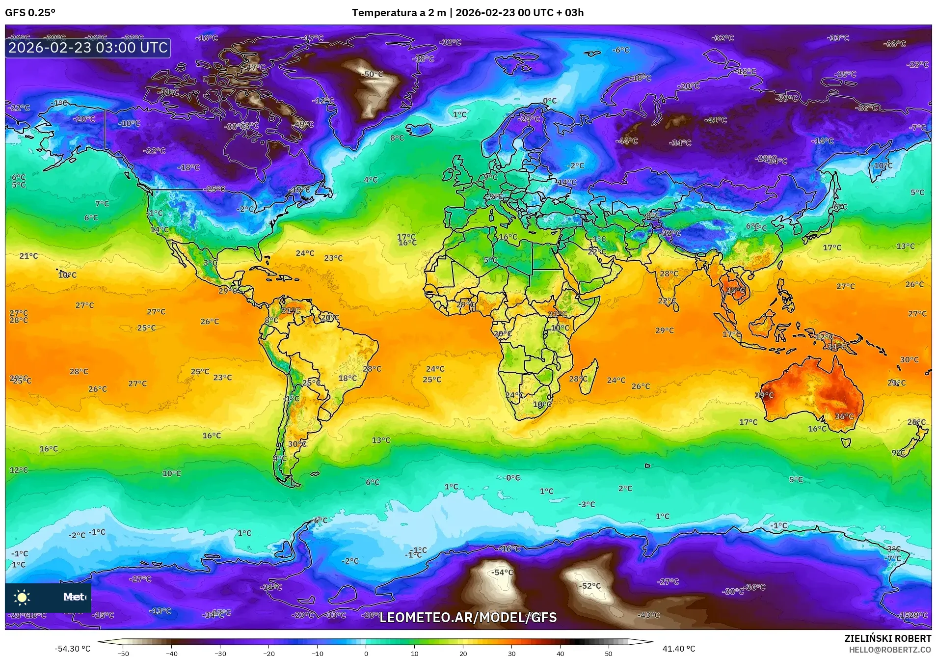 GFS model - Świat, Temperatura na 2 m