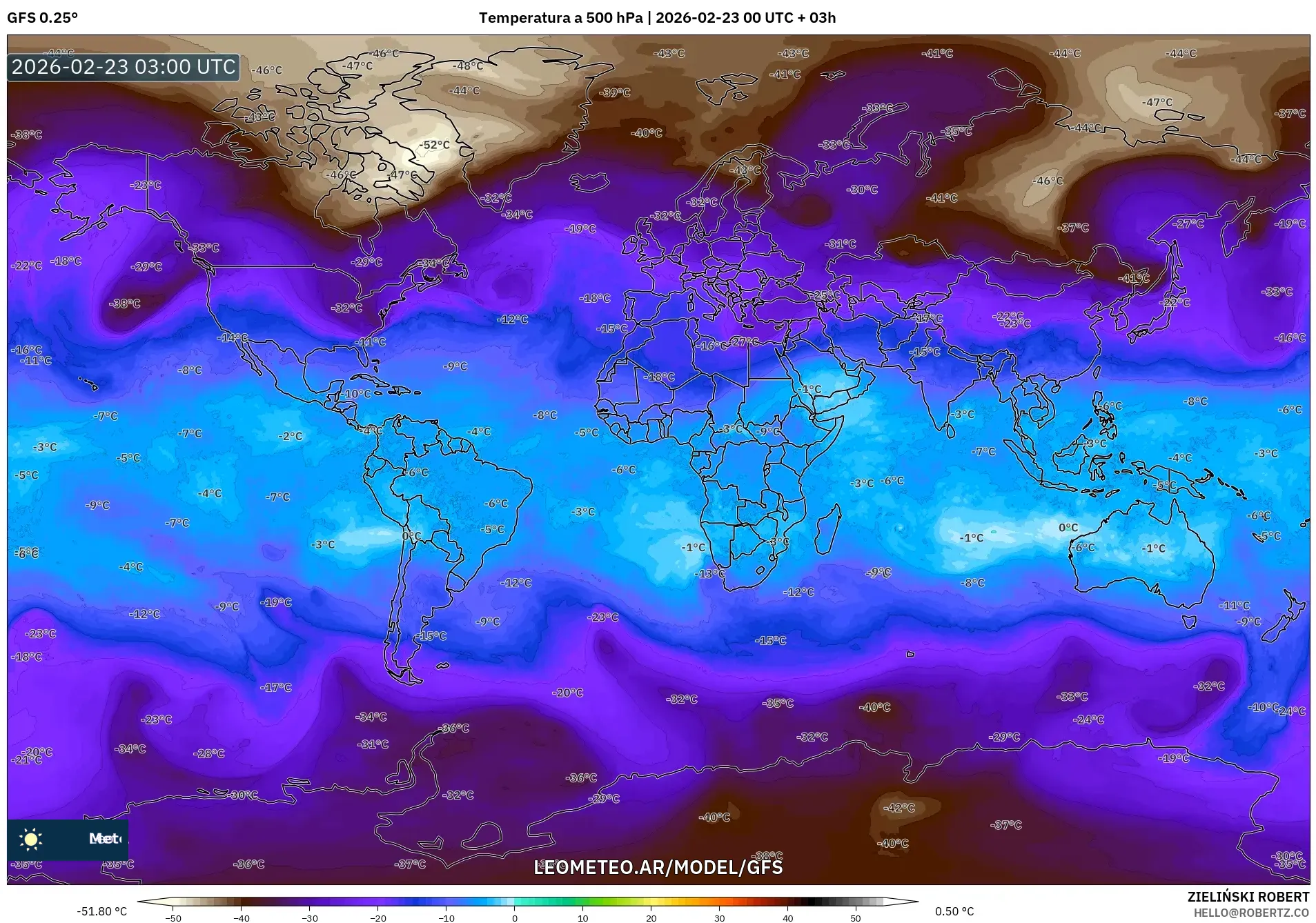 GFS model - Świat, Temperatura na 500 hPa