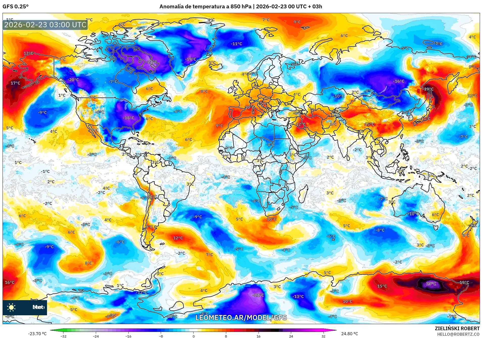 GFS model - Świat, Anomalia temperatury na 850 hPa
