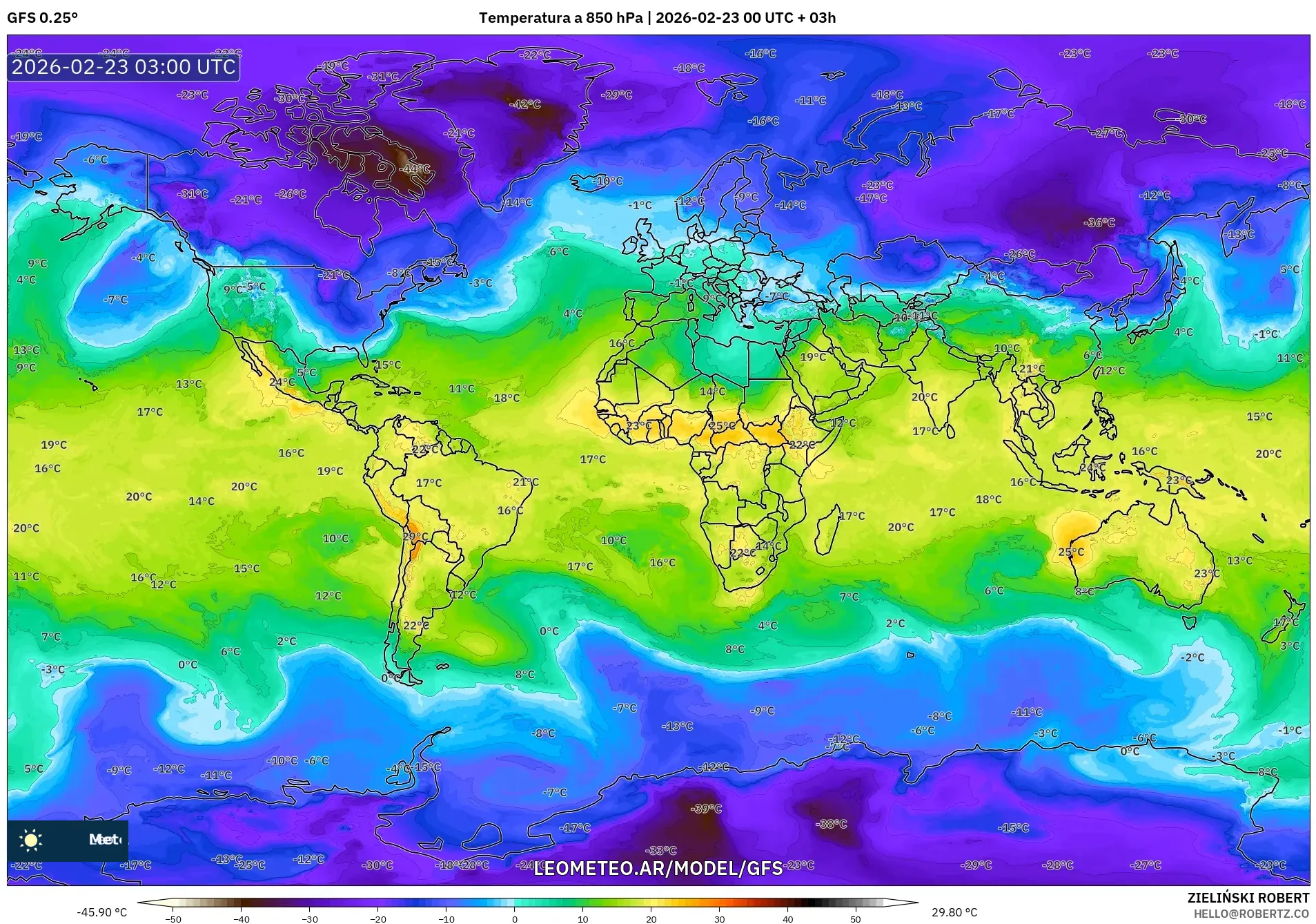 GFS model - Świat, Temperatura na 850 hPa