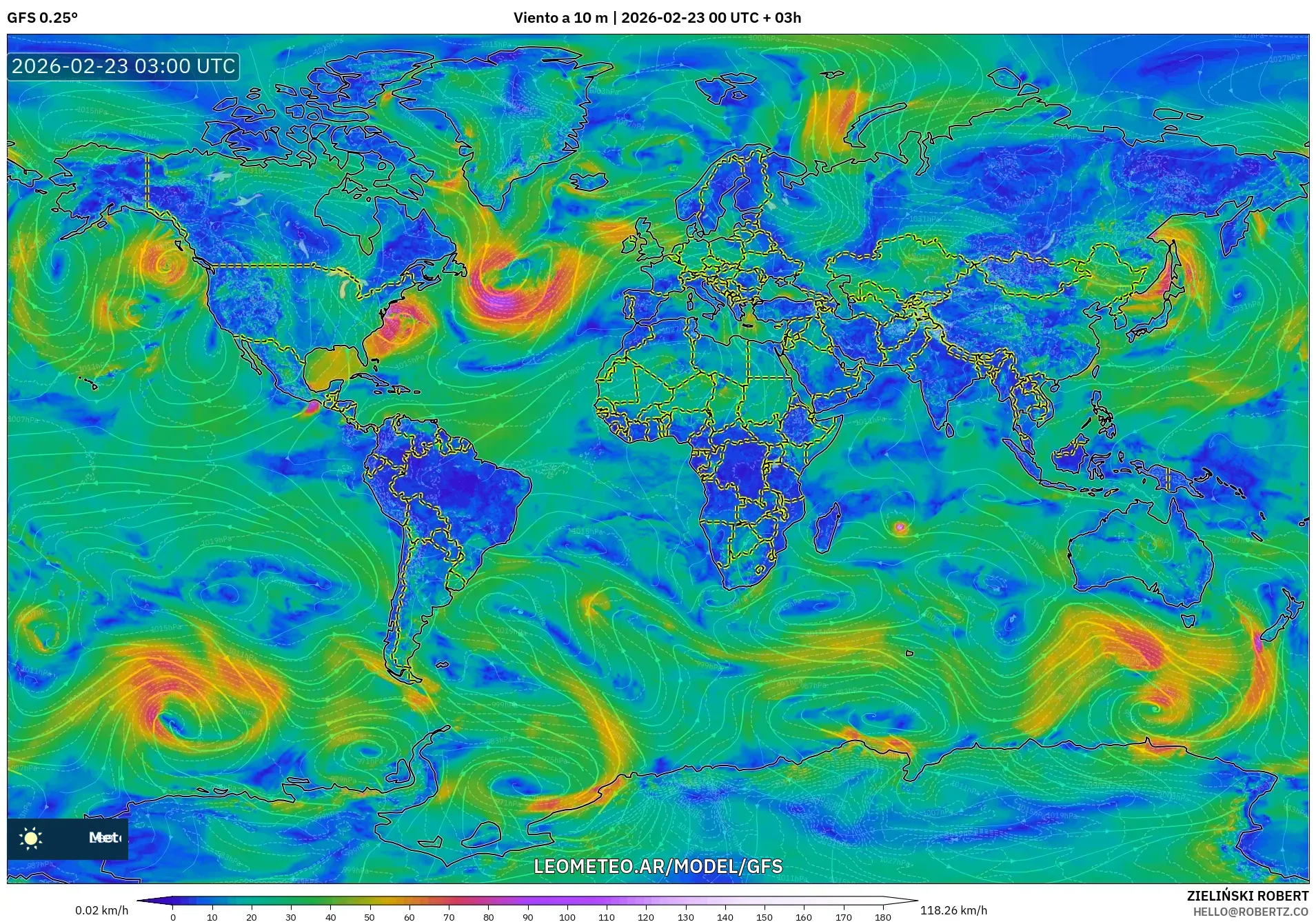 GFS model - Świat, Wiatr na 10 m
