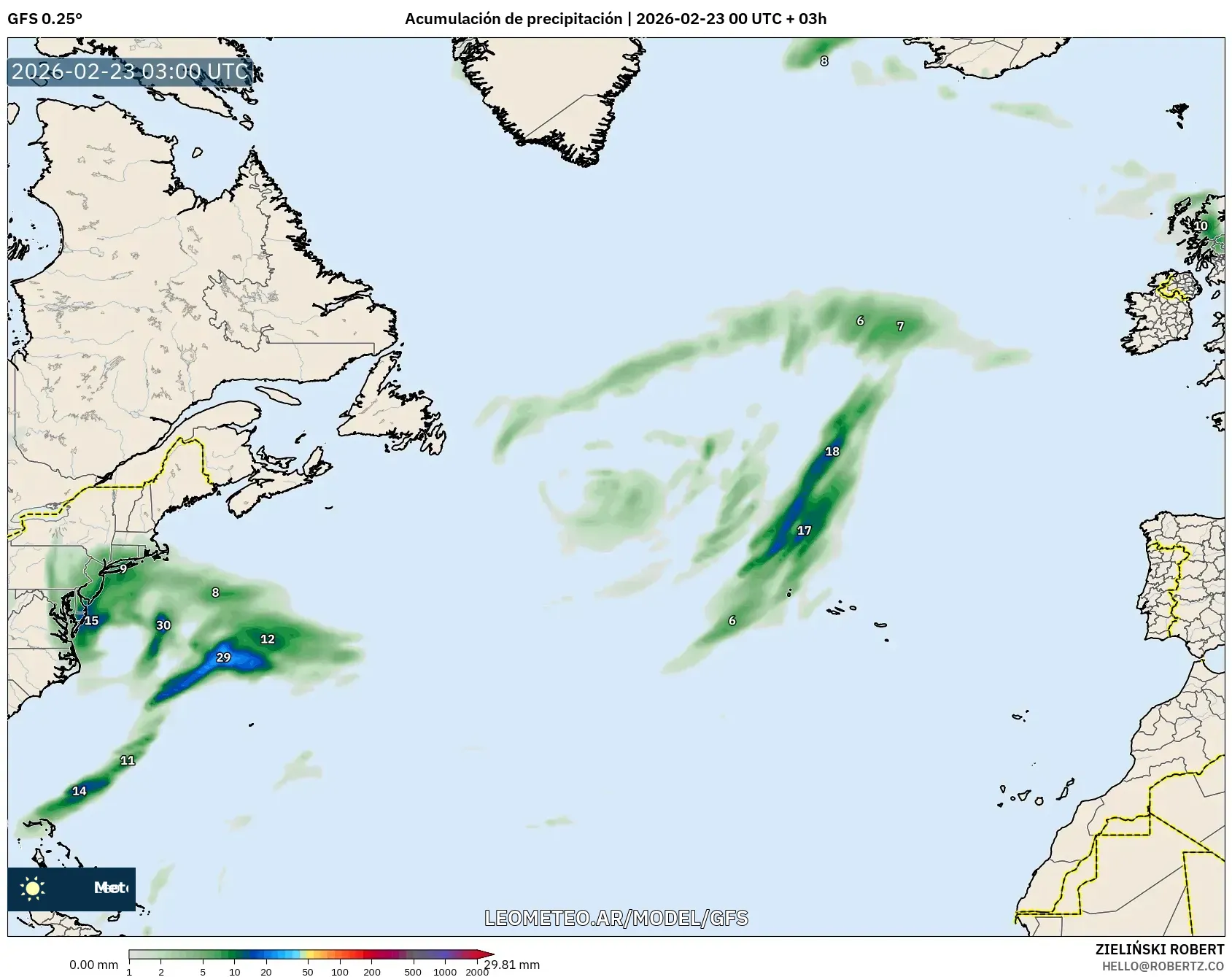 GFS model - Atlantyk Północny, Suma opadów