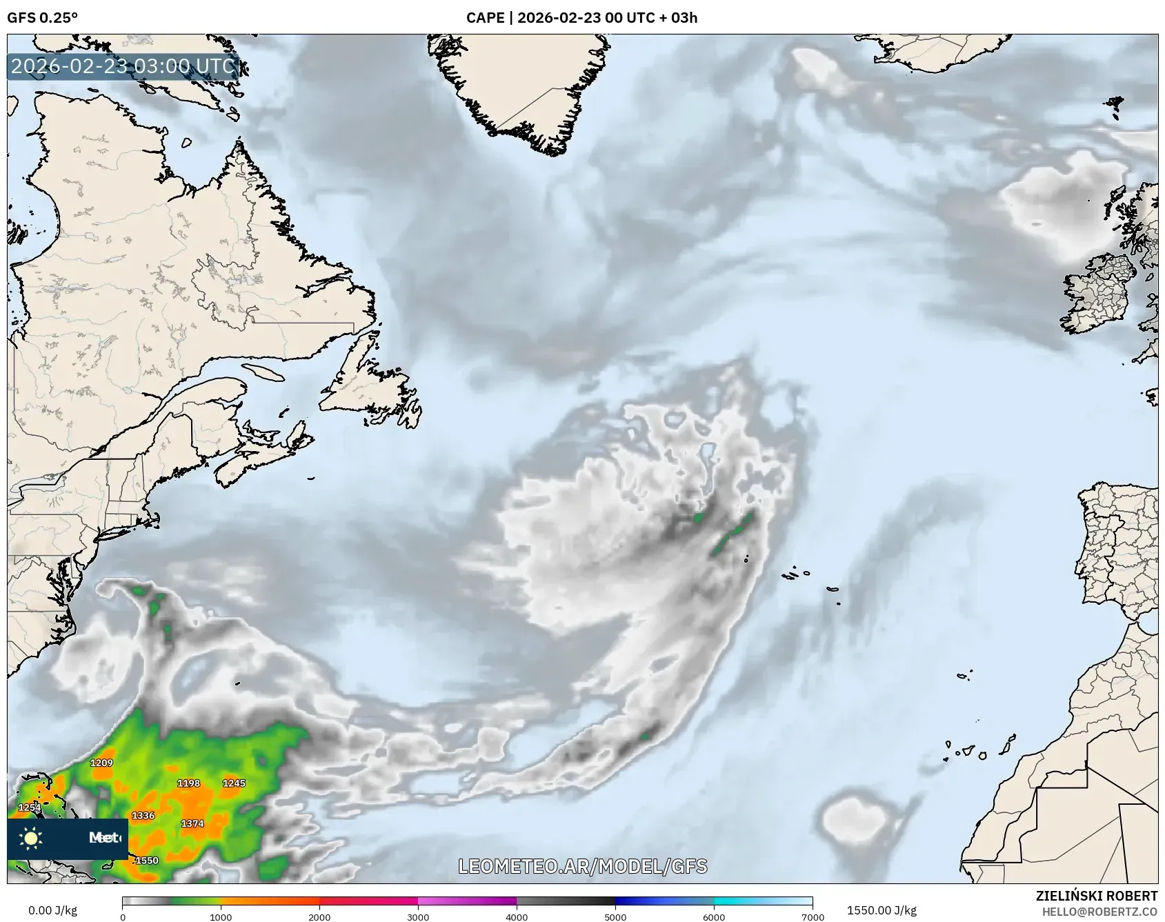 GFS model - Atlantyk Północny, CAPE