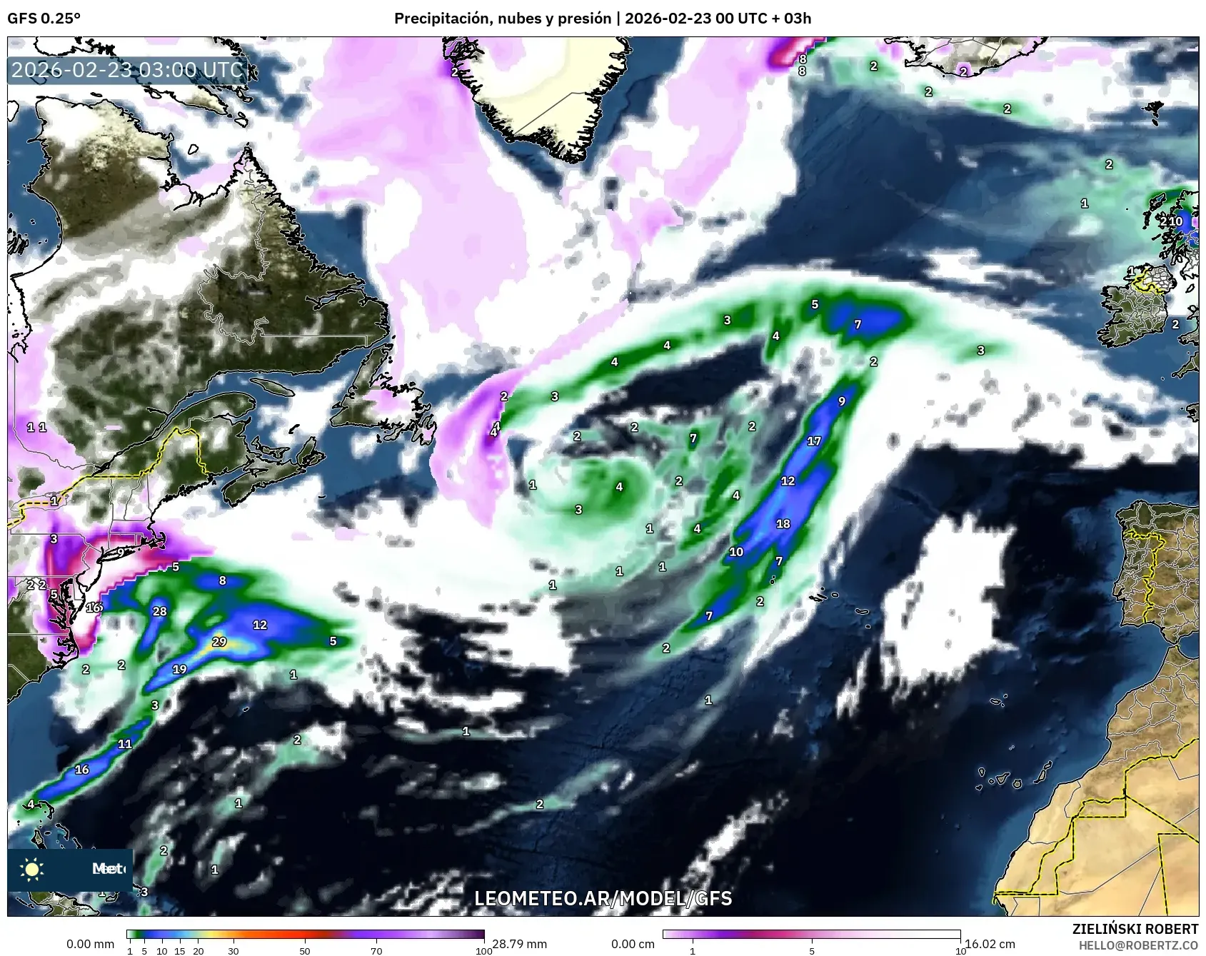 GFS model - Atlantyk Północny, Opady, chmury i ciśnienie