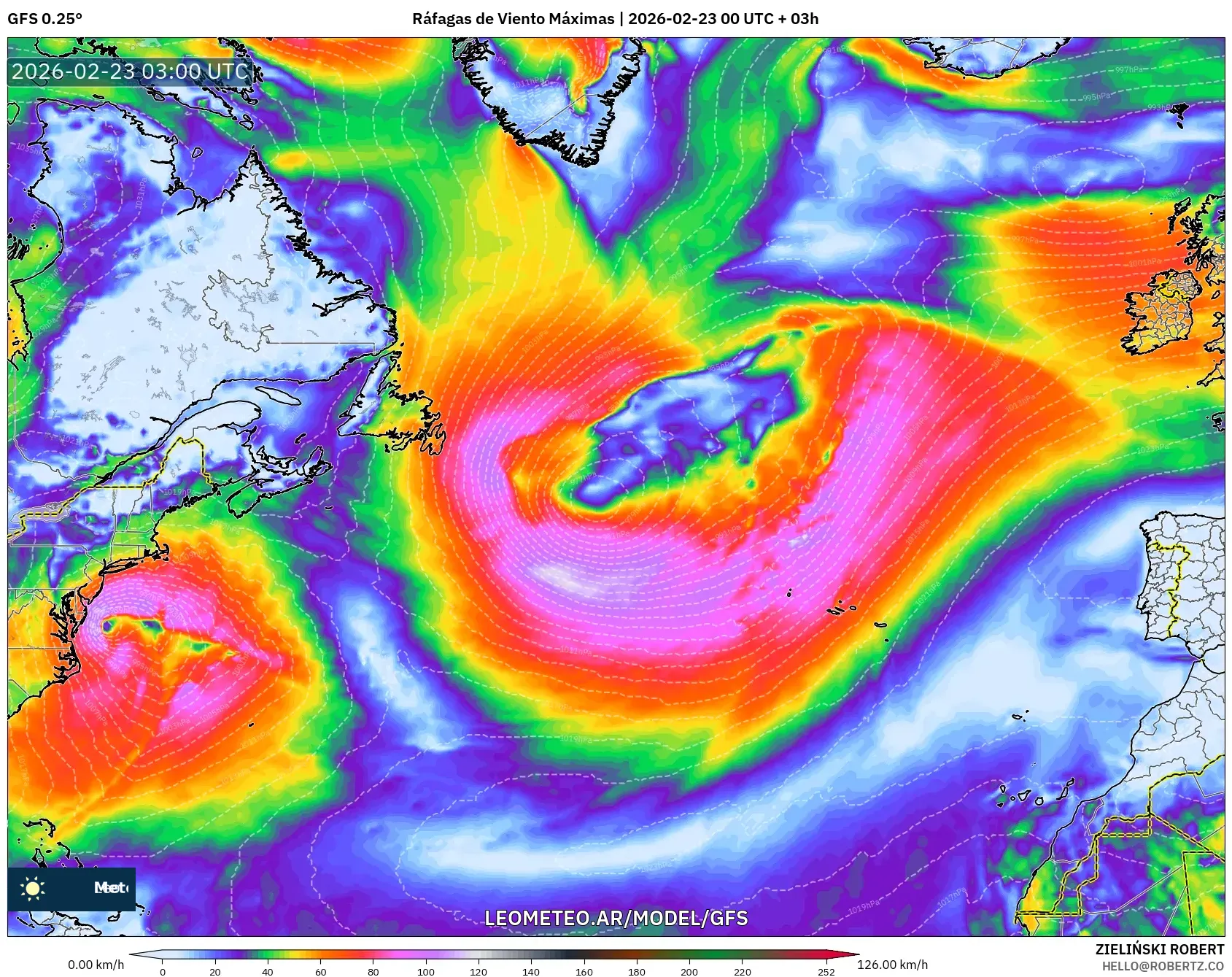 GFS model - Atlantyk Północny, Maksymalne Porywy Wiatru