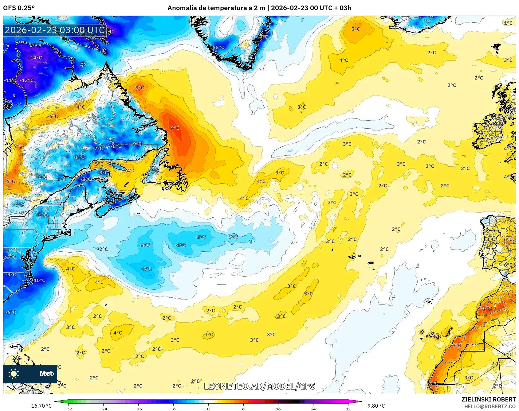 GFS model - Atlantyk Północny, Anomalia temperatury na 2 m