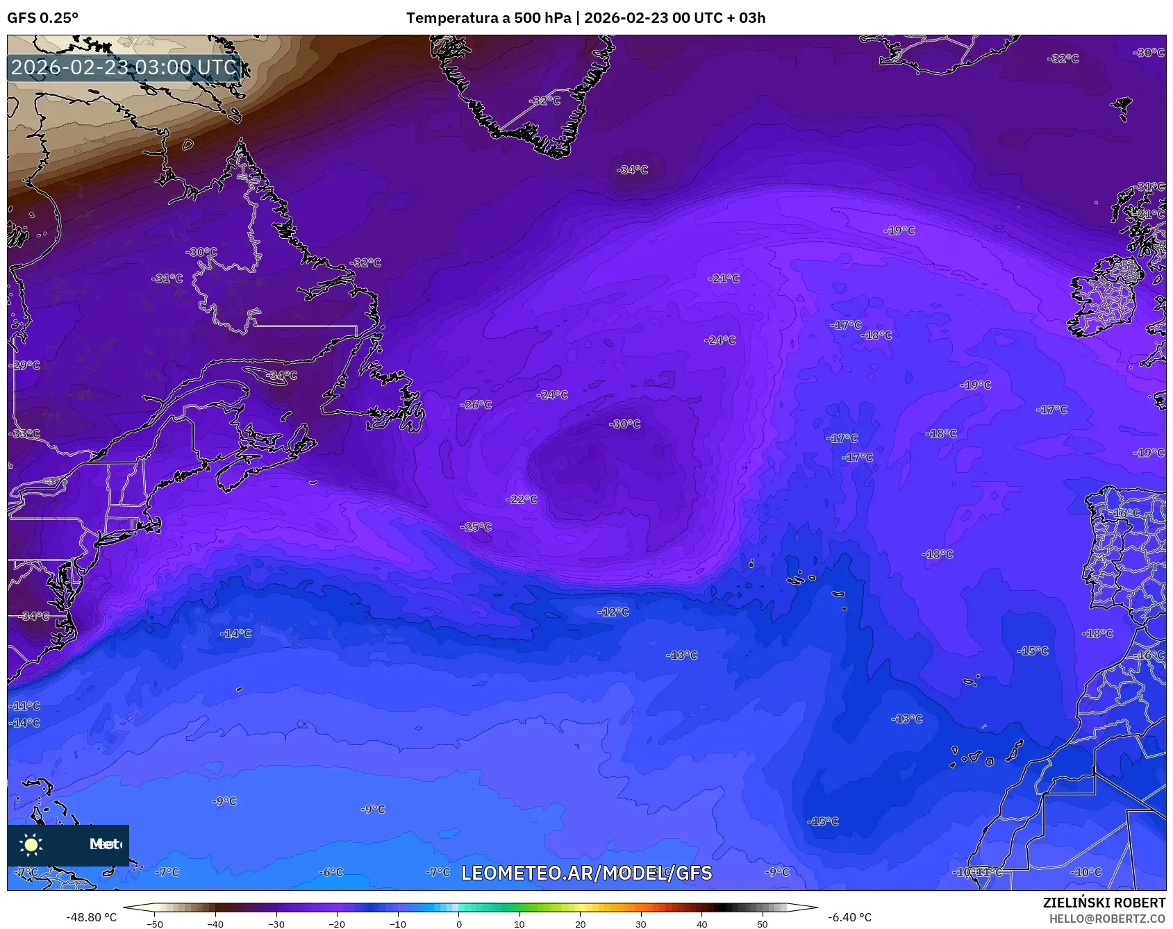GFS model - Atlantyk Północny, Temperatura na 500 hPa