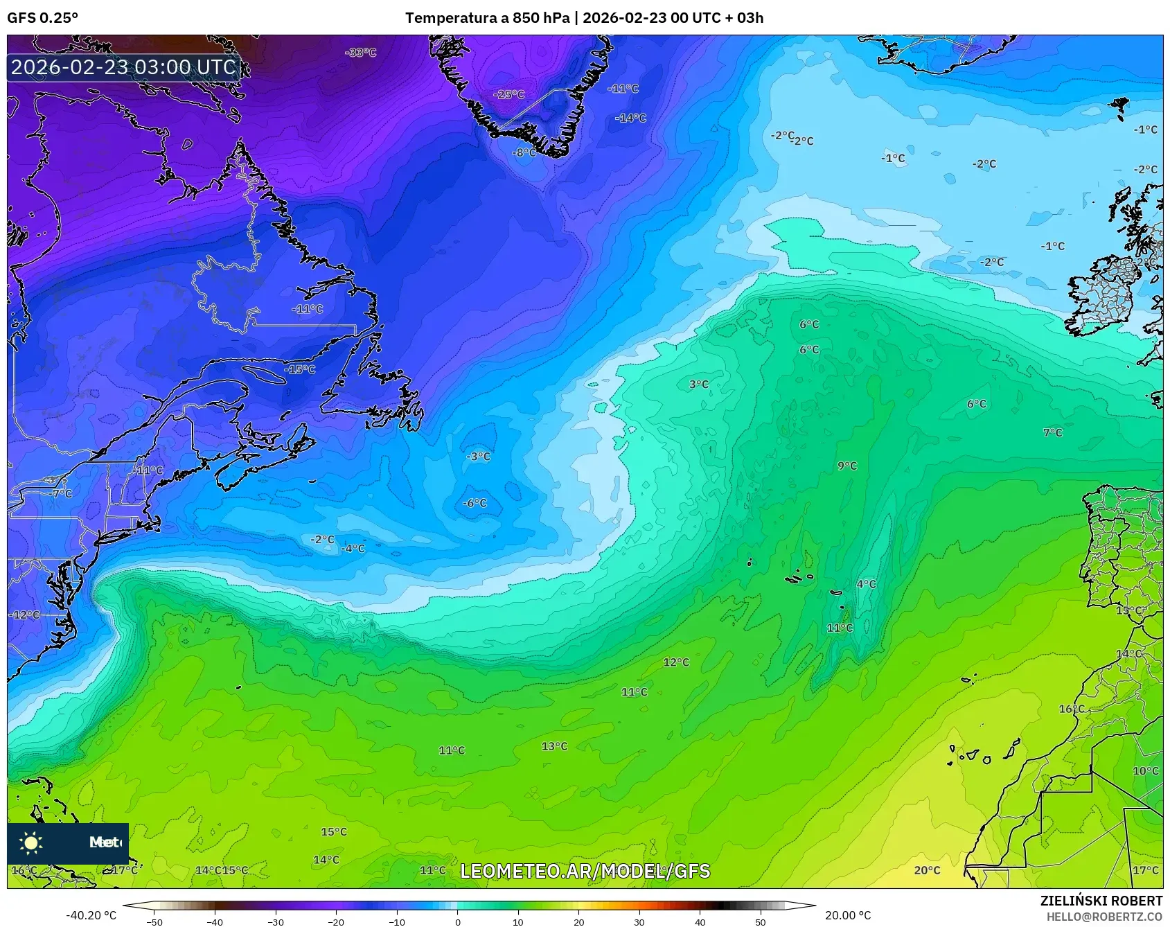 GFS model - Atlantyk Północny, Temperatura na 850 hPa