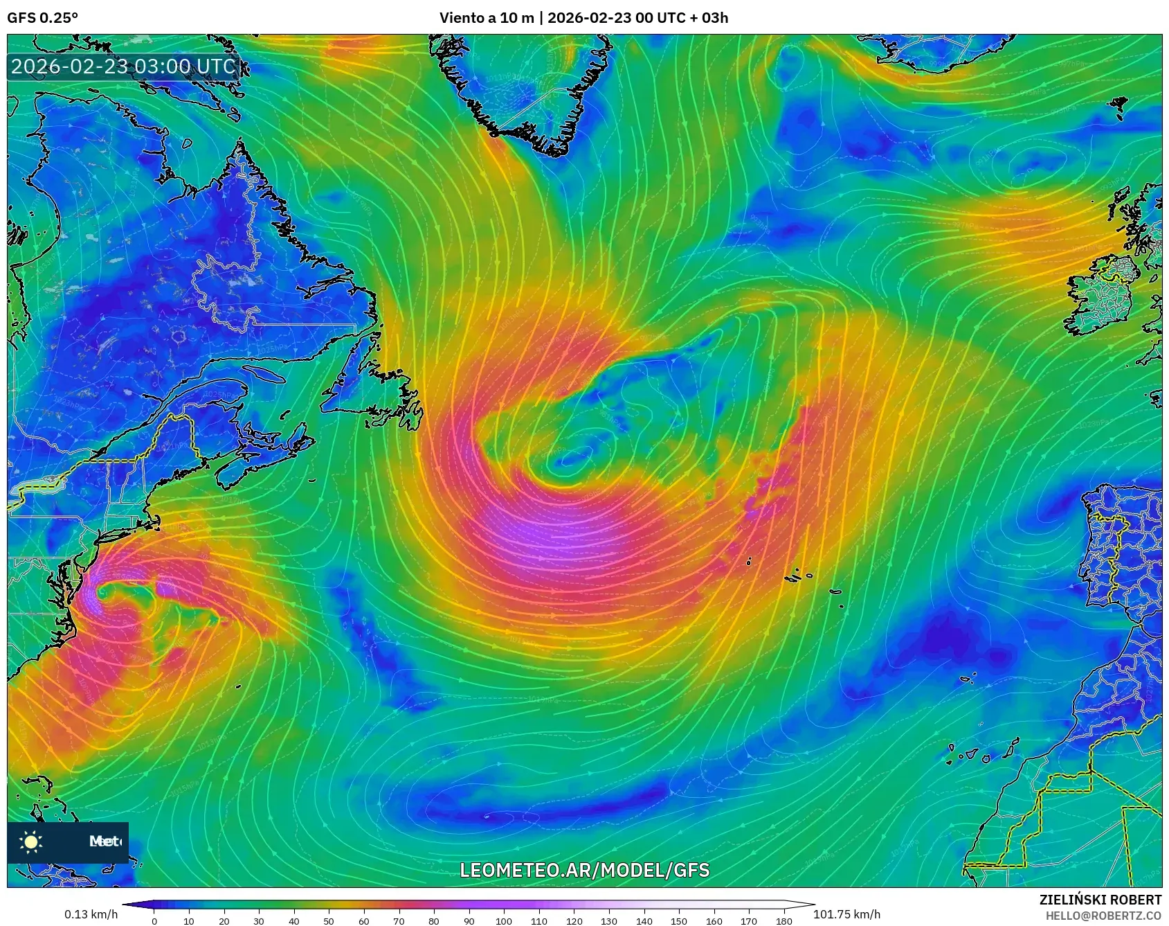 GFS model - Atlantyk Północny, Wiatr na 10 m