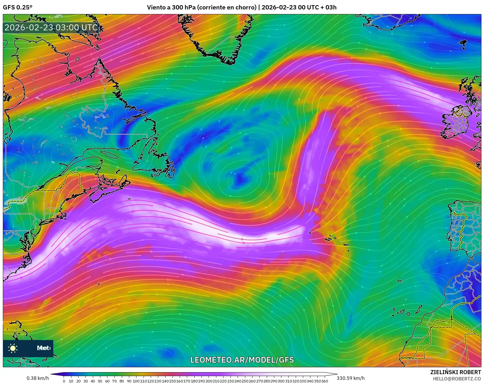 GFS model - Atlantyk Północny, Wiatr na 300 hPa (prąd strumieniowy)